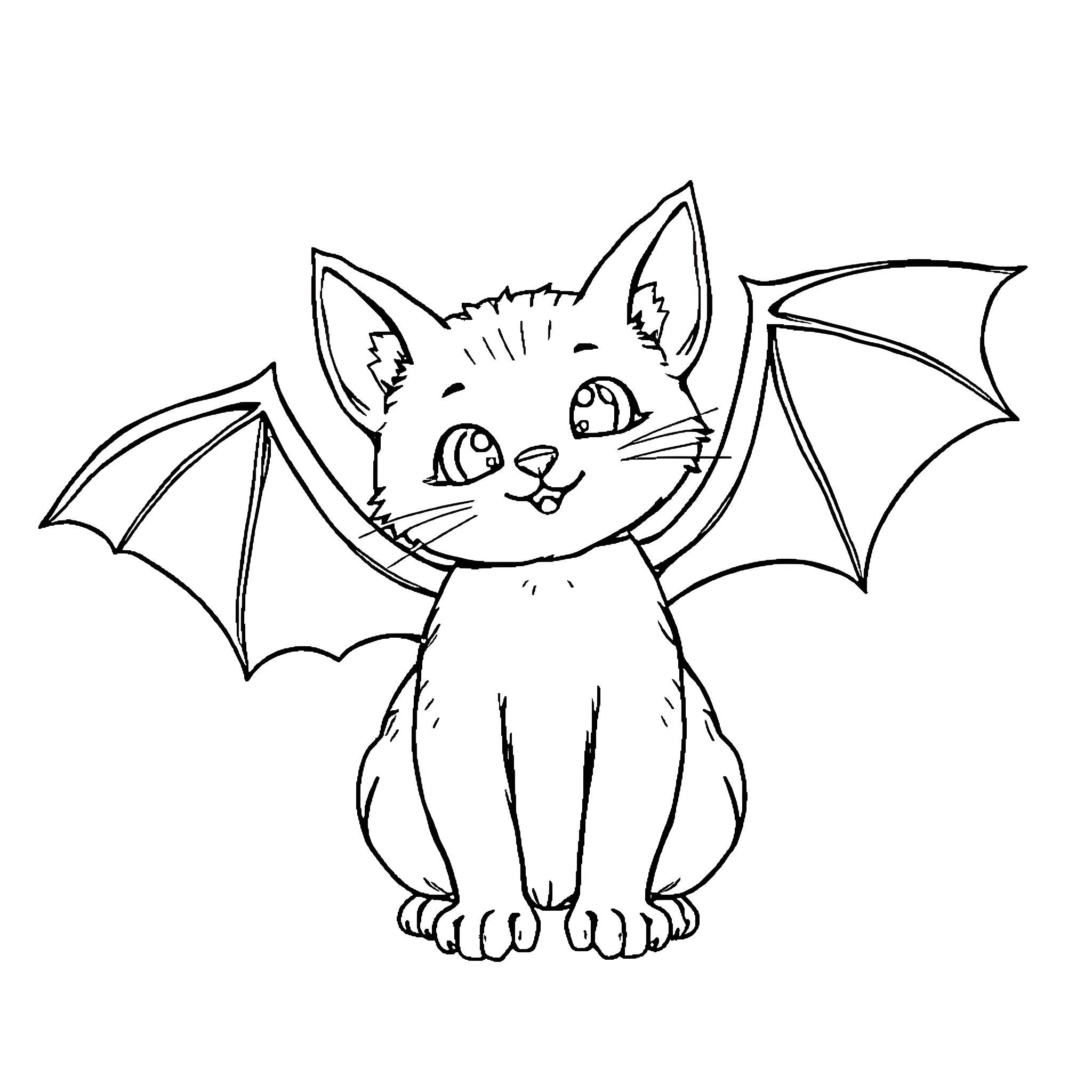 Bat Cat with Playful Expressions Coloring Page (free black-and-white line drawing printable PDF for all, from beginners to advanced learners, including children, teens, adults, and seniors)