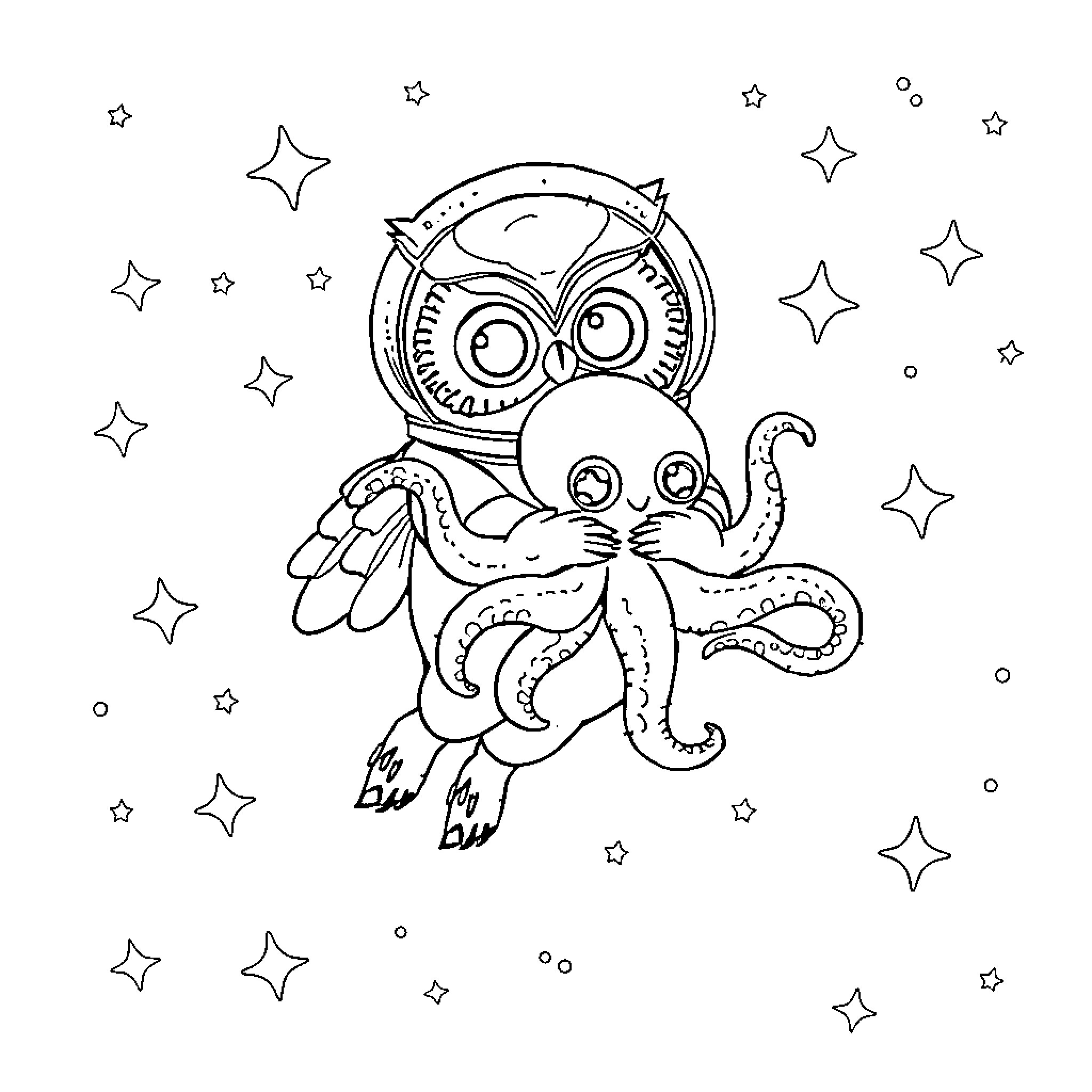 Owl in whimsical space scene with tentacles Coloring Page (free black-and-white line drawing printable PDF for all, from beginners to advanced learners, including children, teens, adults, and seniors)