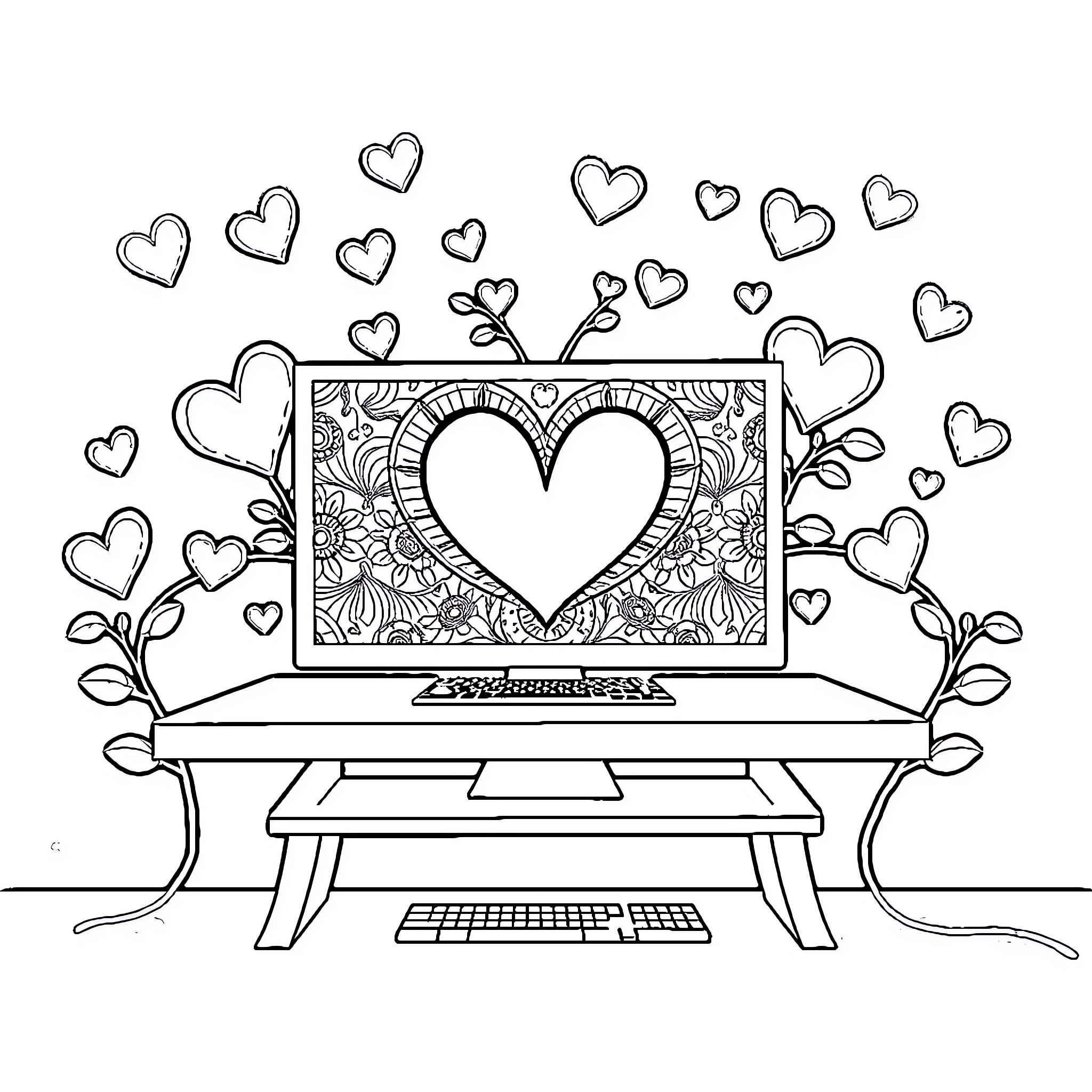 Computer featuring heart-shaped design elements Coloring Page (free black-and-white line drawing printable PDF for all, from beginners to advanced learners, including children, teens, adults, and seniors)