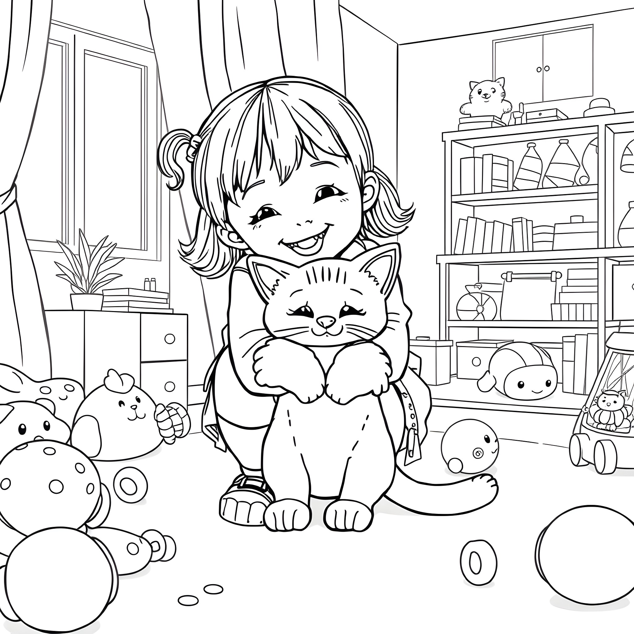 Kitty Snuggling with a Happy Girl Coloring Page (free black-and-white line drawing printable PDF for all, from beginners to advanced learners, including children, teens, adults, and seniors)