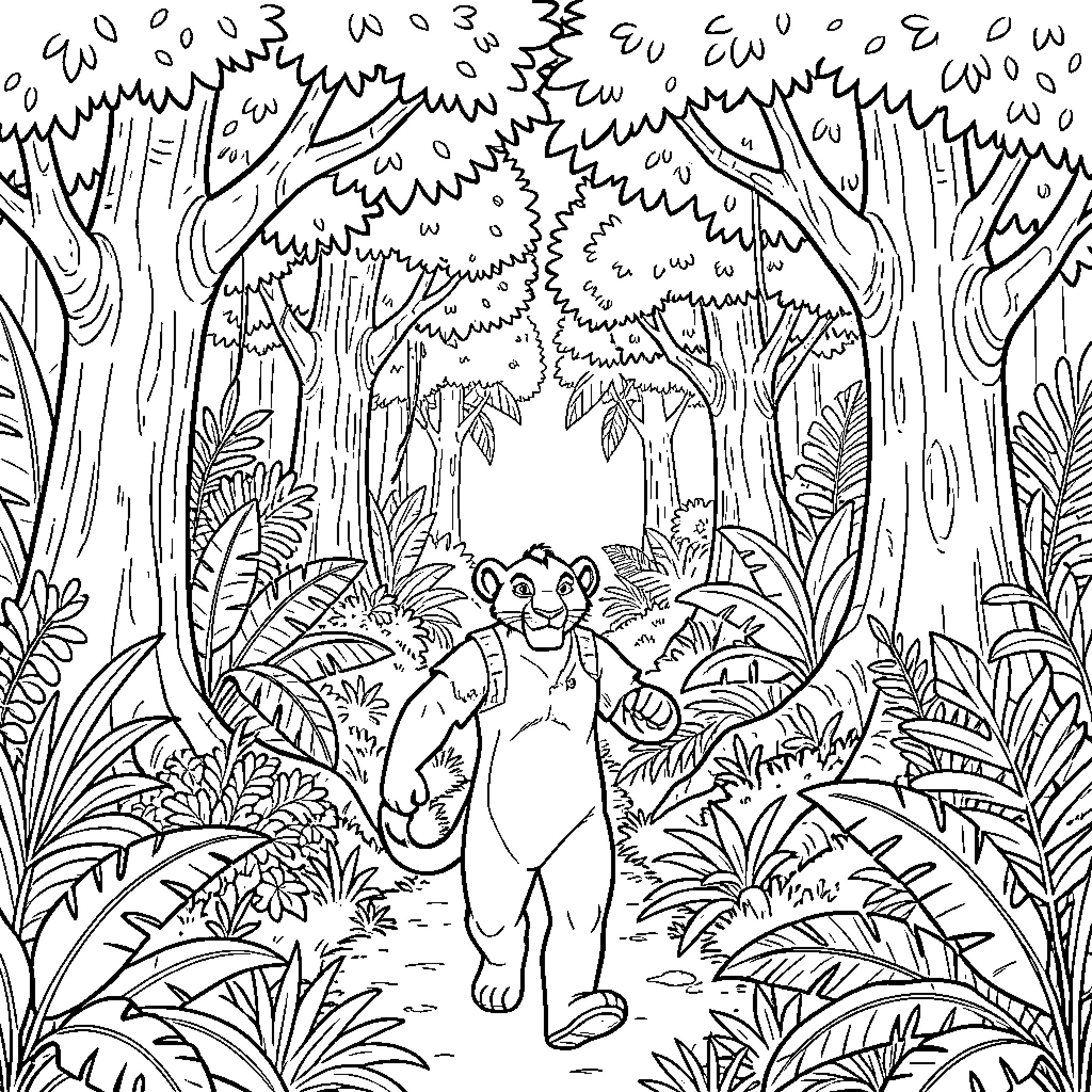 Simba explores the enchanting jungle Coloring Page (free black-and-white line drawing printable PDF for all, from beginners to advanced learners, including children, teens, adults, and seniors)