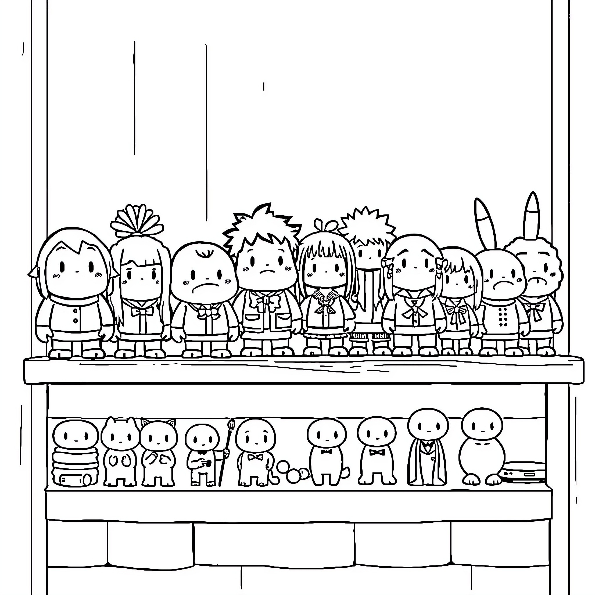 Akedo Figure Characters Gathered Together Coloring Page (free black-and-white line drawing printable PDF for all, from beginners to advanced learners, including children, teens, adults, and seniors)