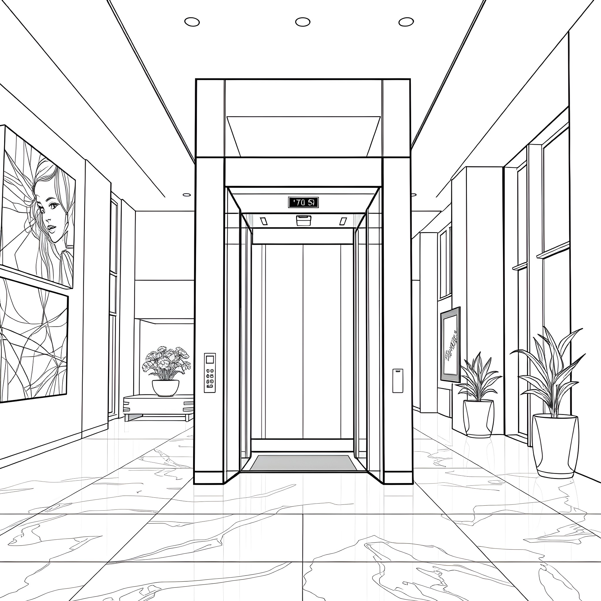 Kone Elevator in Modern Building Interior Coloring Page (free black-and-white line drawing printable PDF for all, from beginners to advanced learners, including children, teens, adults, and seniors)