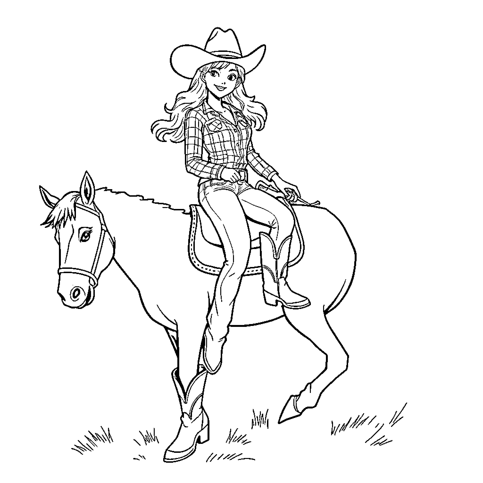 Cowgirl riding happily on horseback through the countryside Coloring Page (free black-and-white line drawing printable PDF for all, from beginners to advanced learners, including children, teens, adults, and seniors)