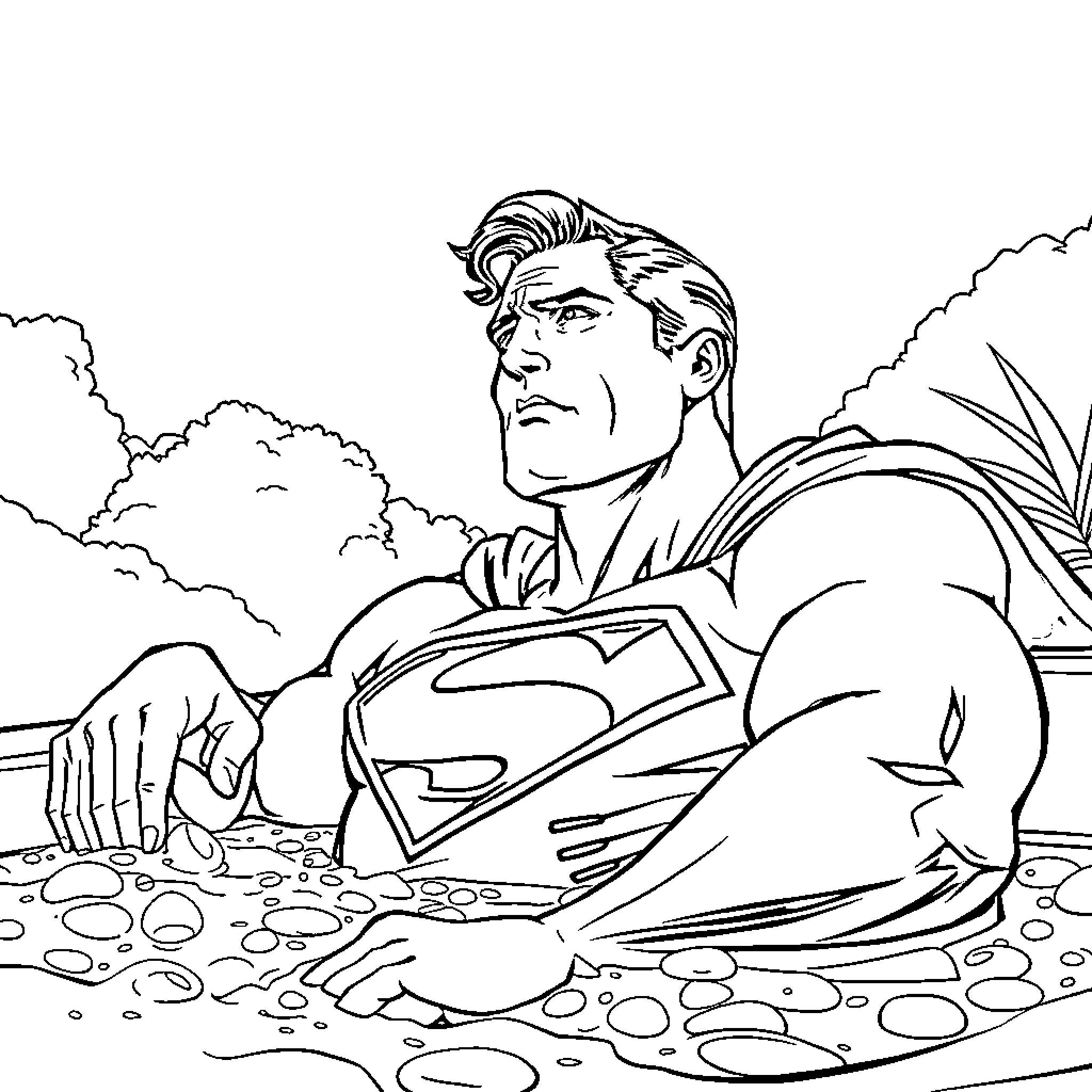 Superman resting in nature Coloring Page (free black-and-white line drawing printable PDF for all, from beginners to advanced learners, including children, teens, adults, and seniors)