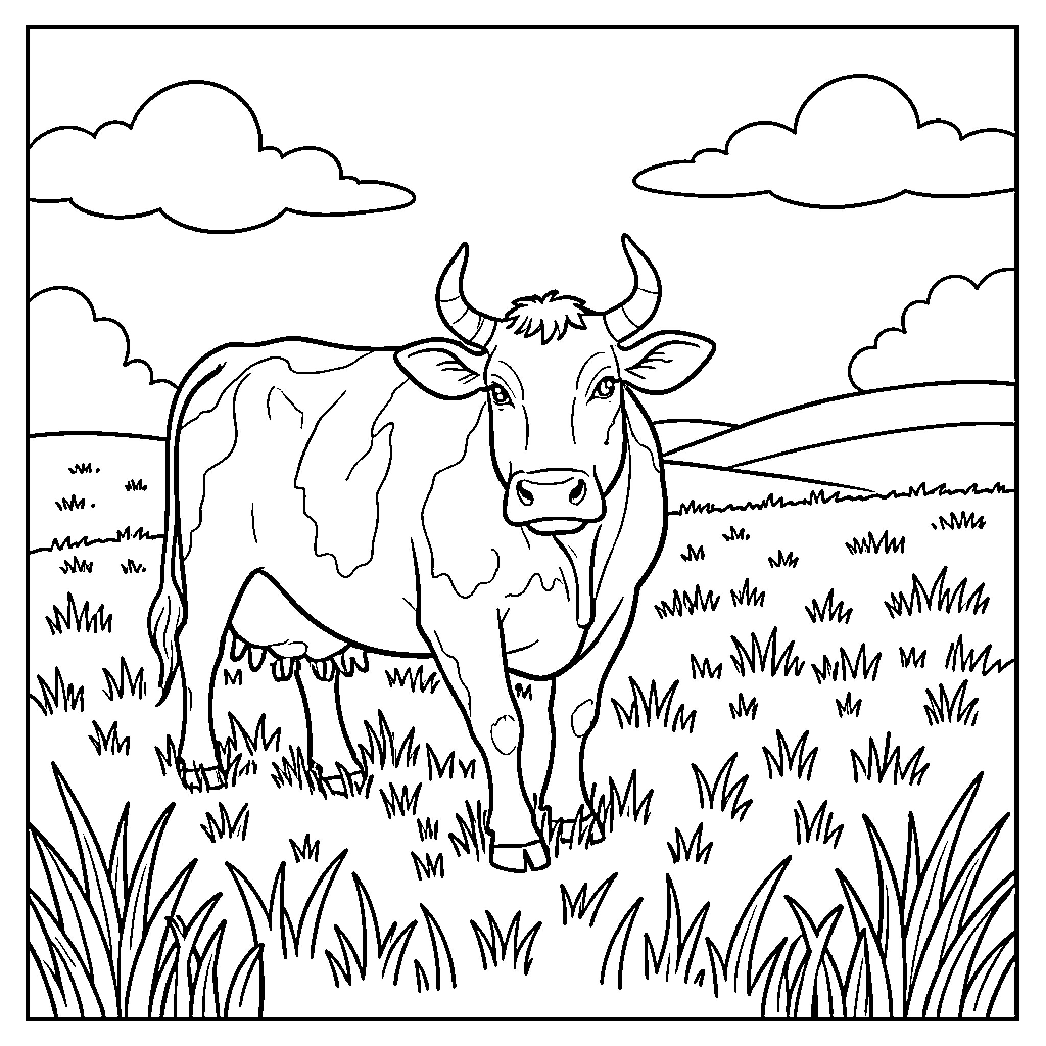 Cow standing peacefully in a grassy field Coloring Page (free black-and-white line drawing printable PDF for all, from beginners to advanced learners, including children, teens, adults, and seniors)