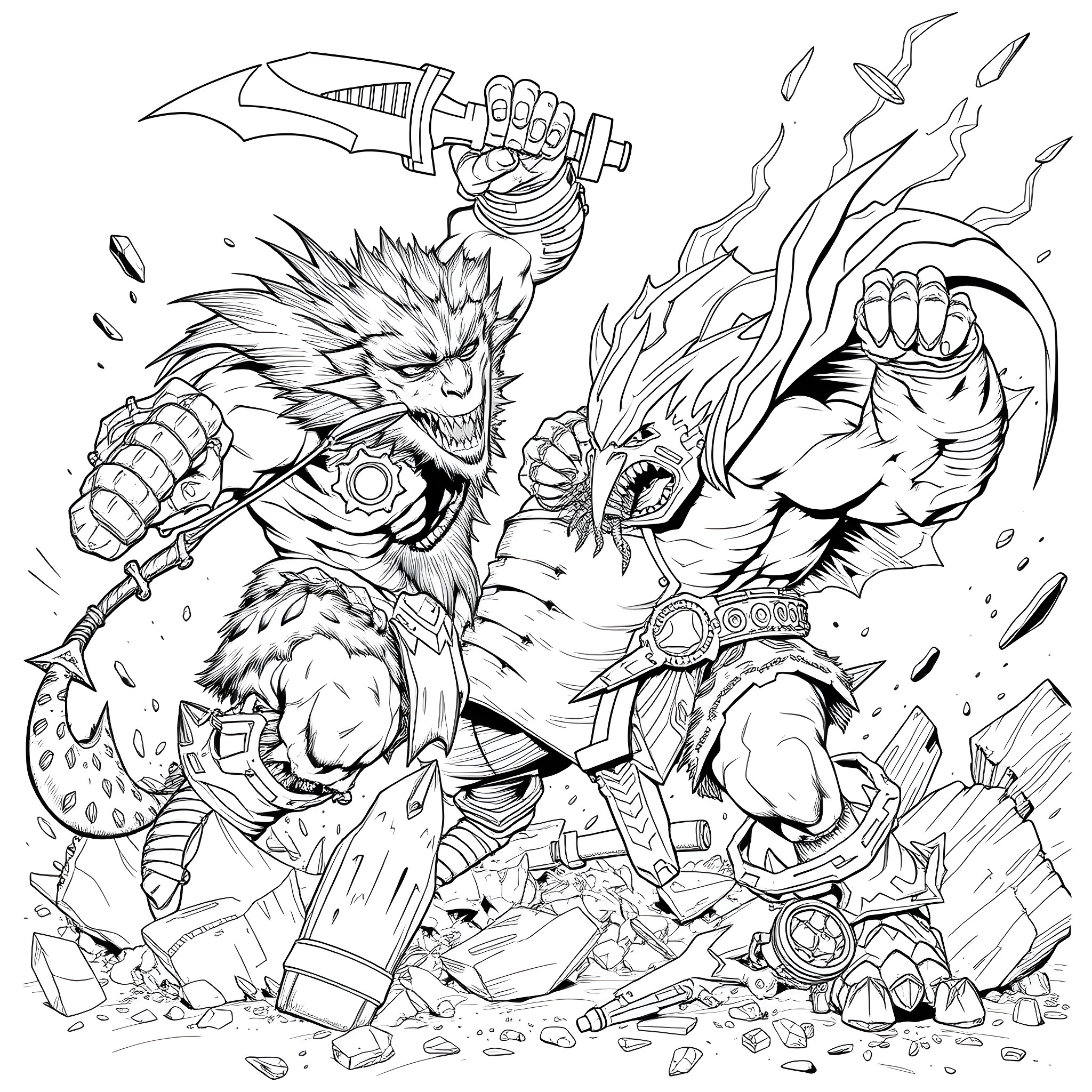 Battle Beast warriors clashing in epic combat Coloring Page (free black-and-white line drawing printable PDF for all, from beginners to advanced learners, including children, teens, adults, and seniors)