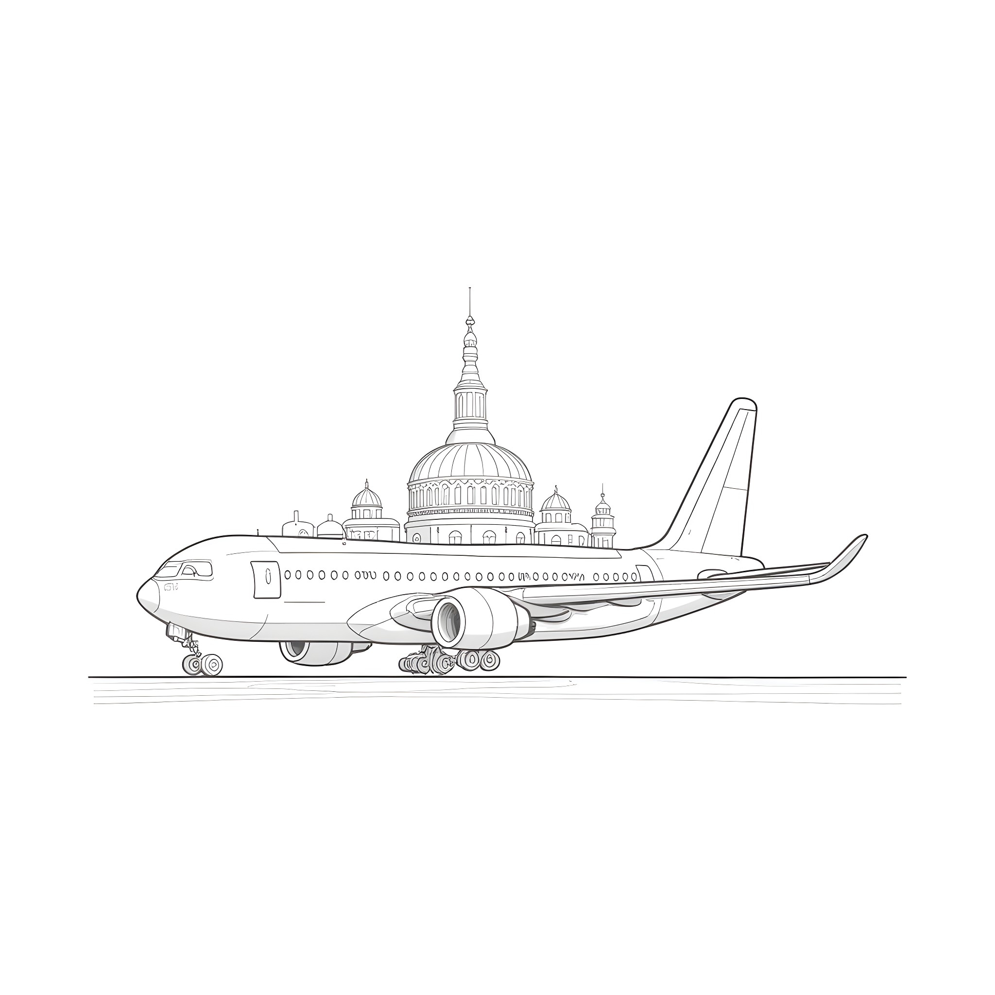 Building with giant airplane flying over landmark Coloring Page (free black-and-white line drawing printable PDF for all, from beginners to advanced learners, including children, teens, adults, and seniors)