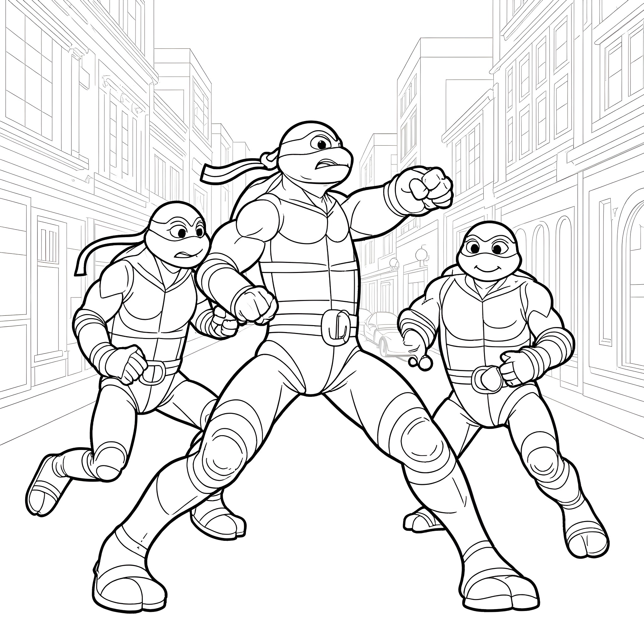 Ninja Turtles in Action Poses on City Street Coloring Page (free black-and-white line drawing printable PDF for all, from beginners to advanced learners, including children, teens, adults, and seniors)