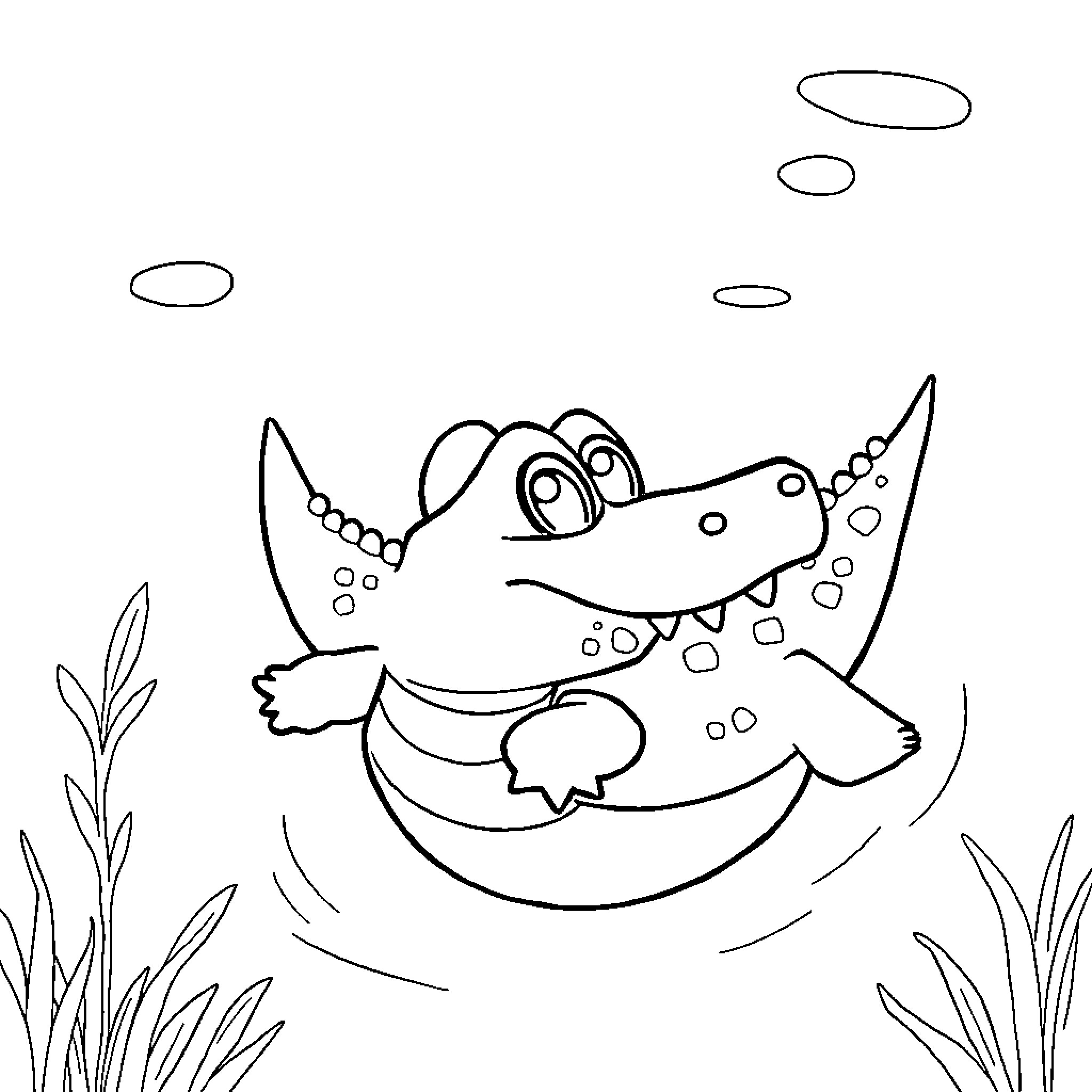 Crocodile swimming happily in the pond Coloring Page (free black-and-white line drawing printable PDF for all, from beginners to advanced learners, including children, teens, adults, and seniors)