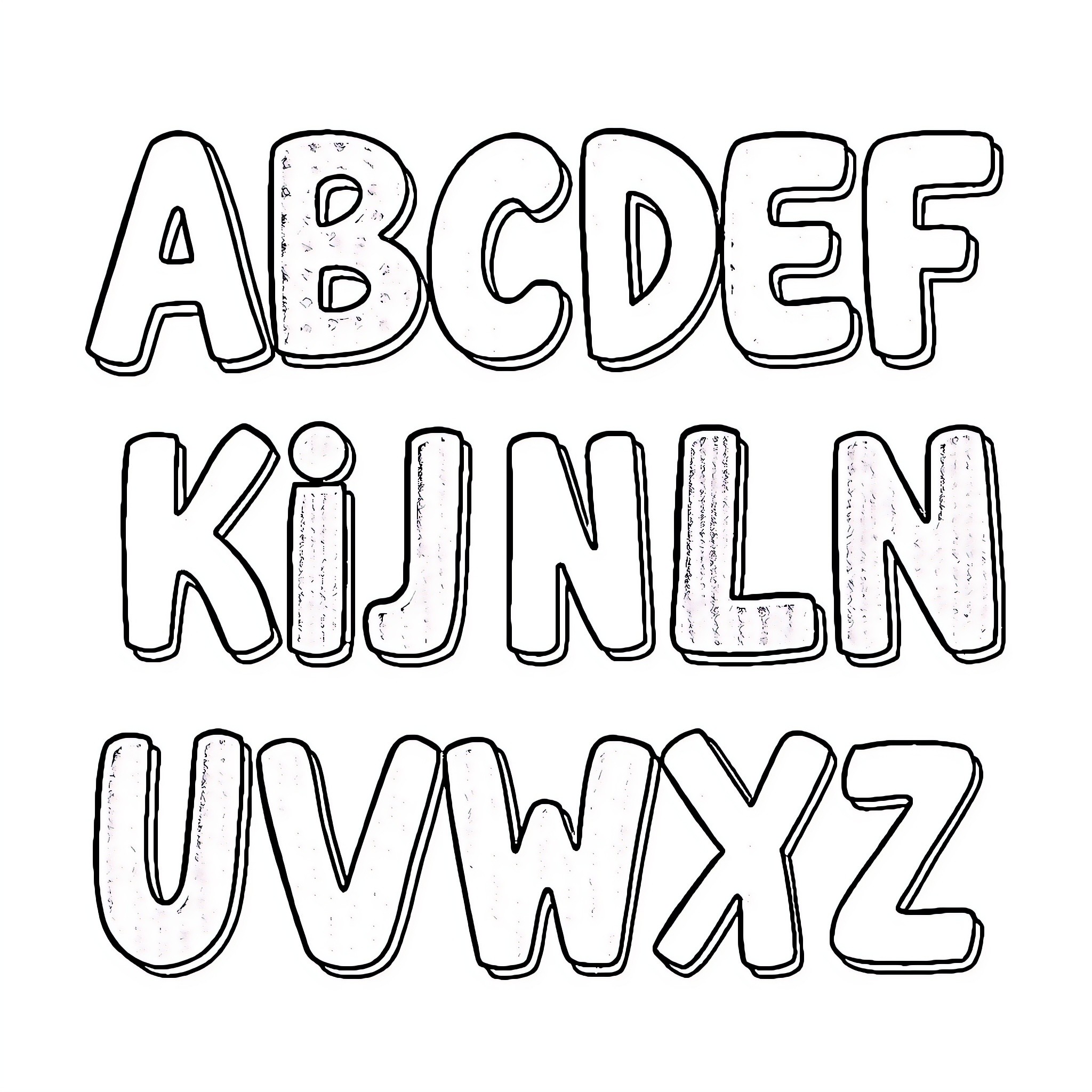 Alphabet of whimsical hand-drawn letters Coloring Page (free black-and-white line drawing printable PDF for all, from beginners to advanced learners, including children, teens, adults, and seniors)