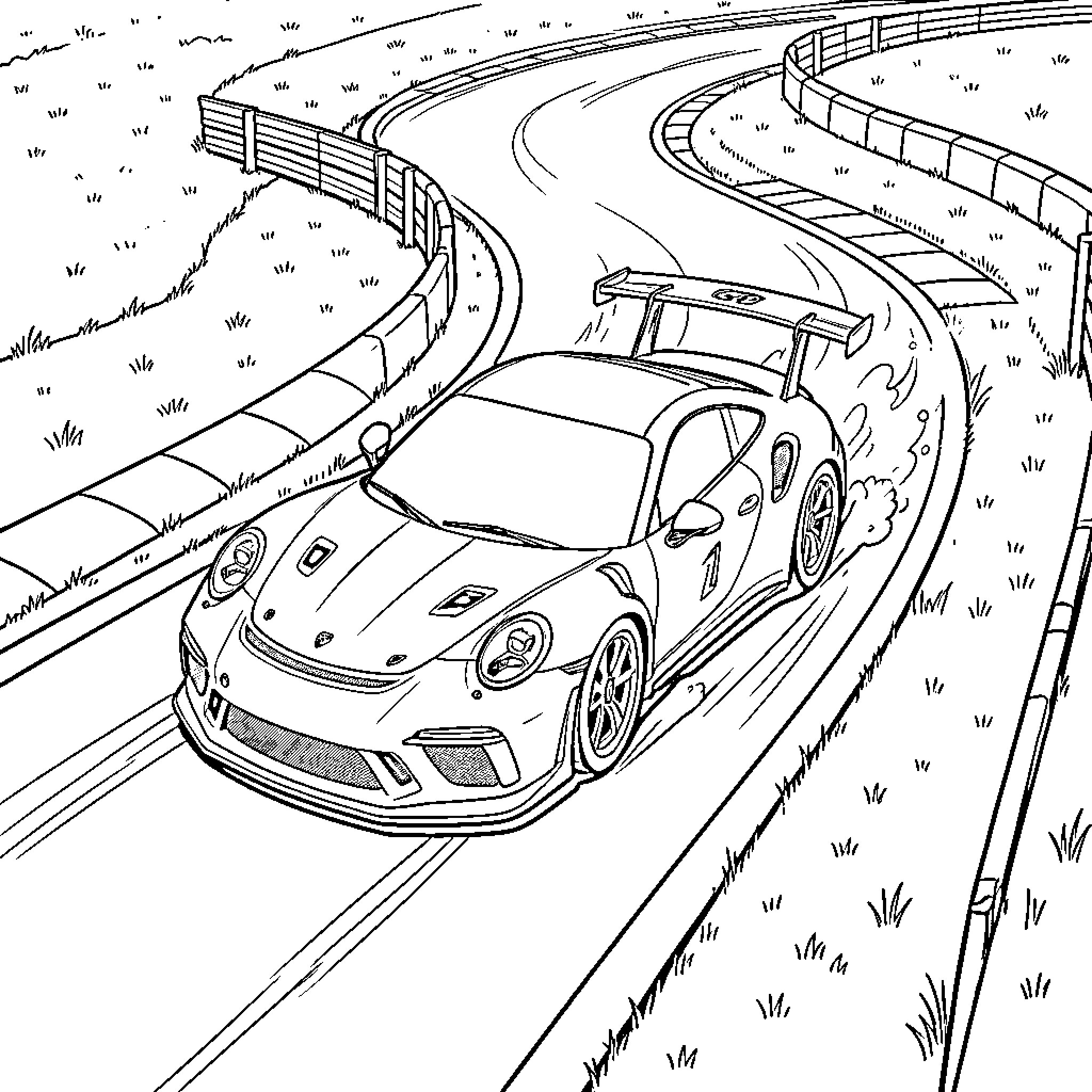 Porsche racing on a winding mountain road Coloring Page (free black-and-white line drawing printable PDF for all, from beginners to advanced learners, including children, teens, adults, and seniors)