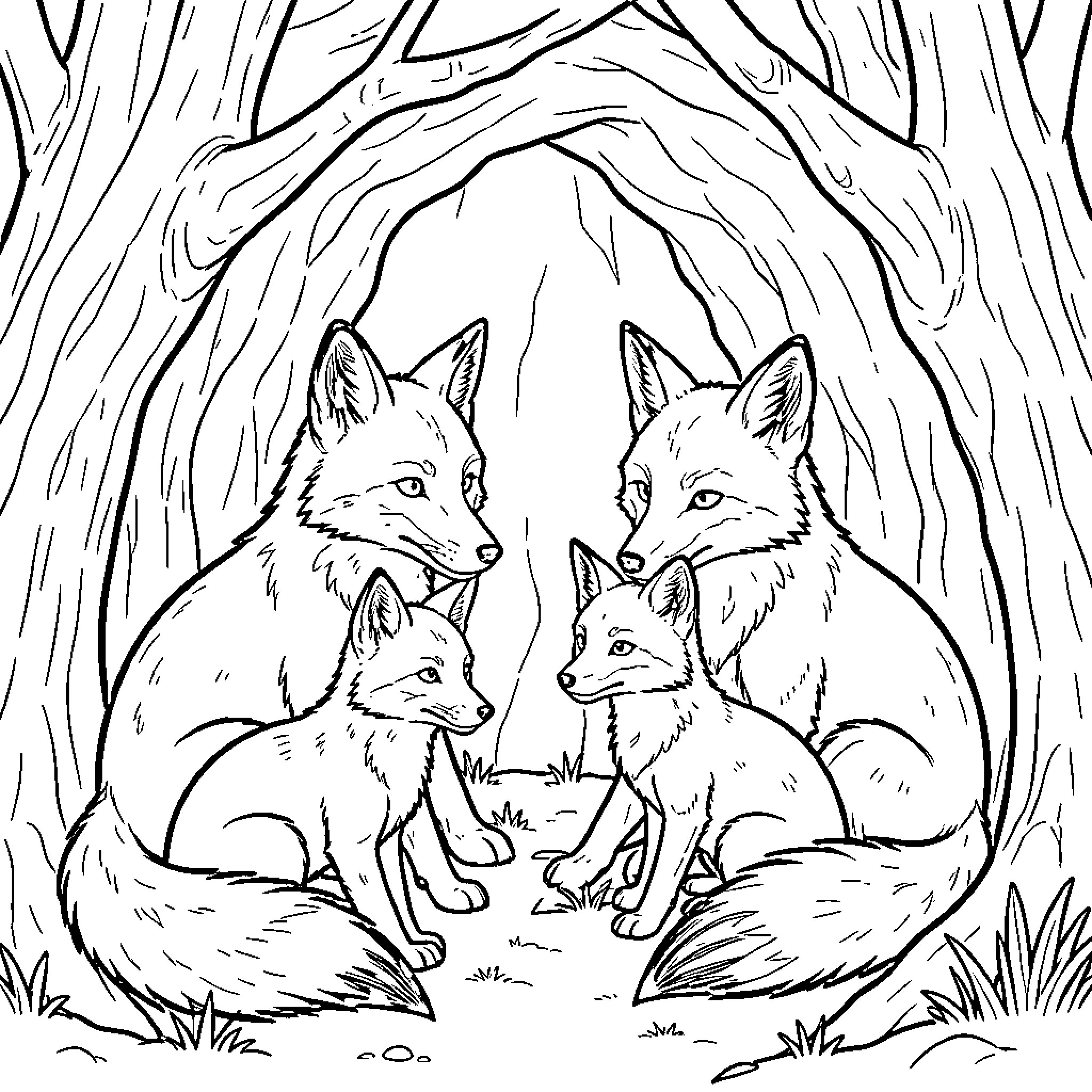 Fox family sitting together in a forest grove Coloring Page (free black-and-white line drawing printable PDF for all, from beginners to advanced learners, including children, teens, adults, and seniors)