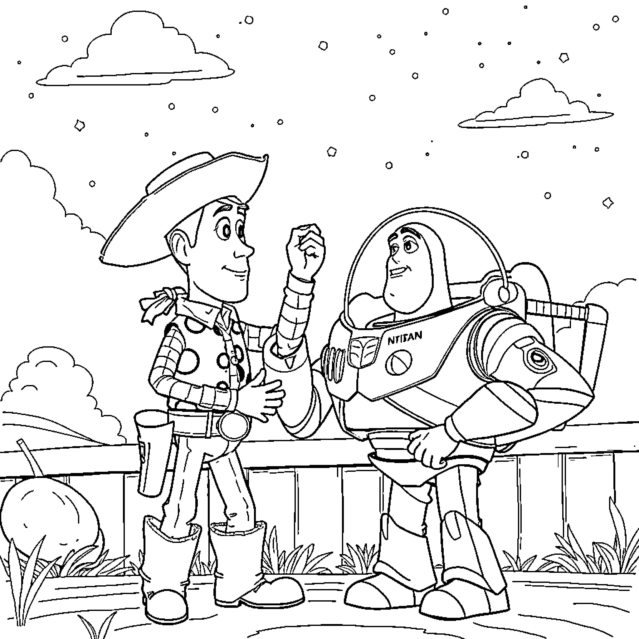 Woody and Buzz Lightyear's Playful Adventure Coloring Page (free black-and-white line drawing printable PDF for all, from beginners to advanced learners, including children, teens, adults, and seniors)
