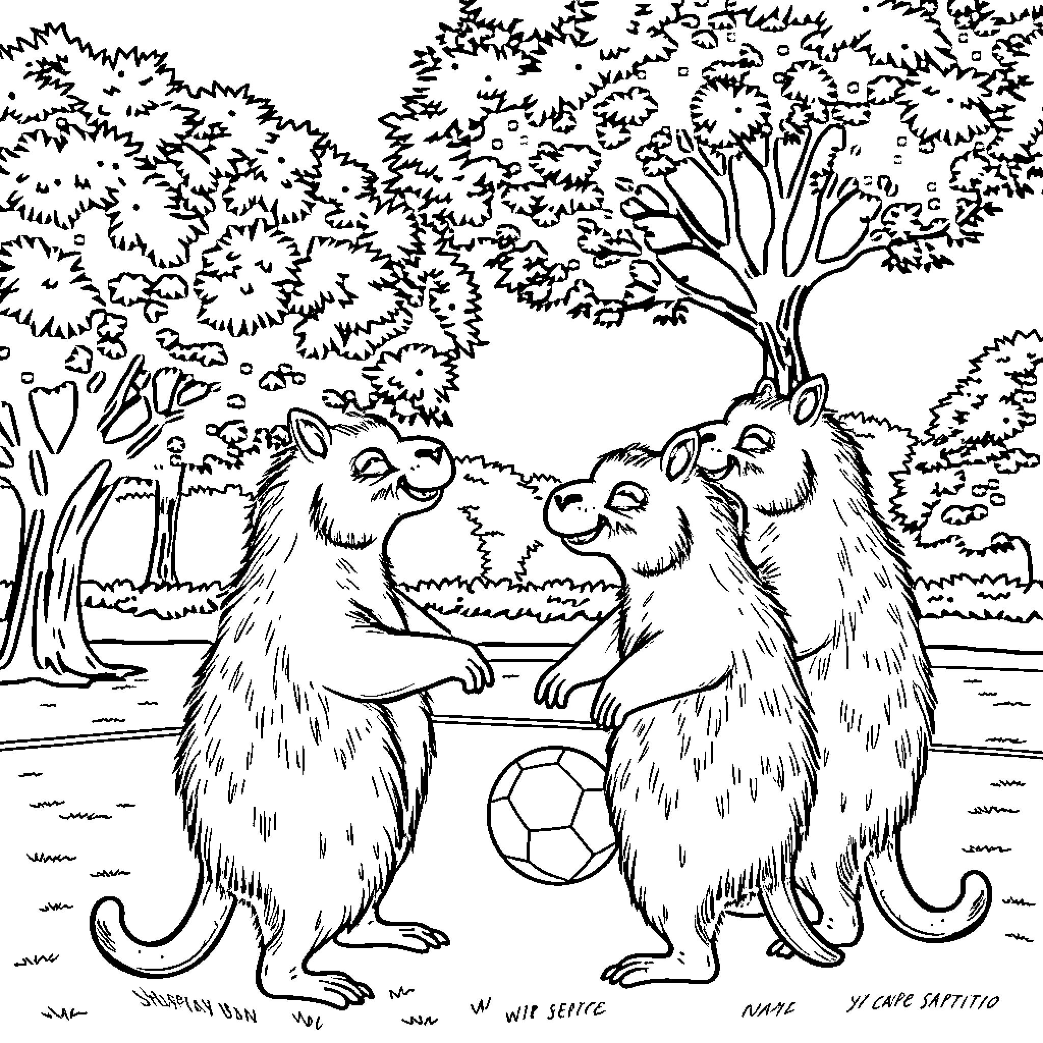 Capybara playing with friends in the forest Coloring Page (free black-and-white line drawing printable PDF for all, from beginners to advanced learners, including children, teens, adults, and seniors)