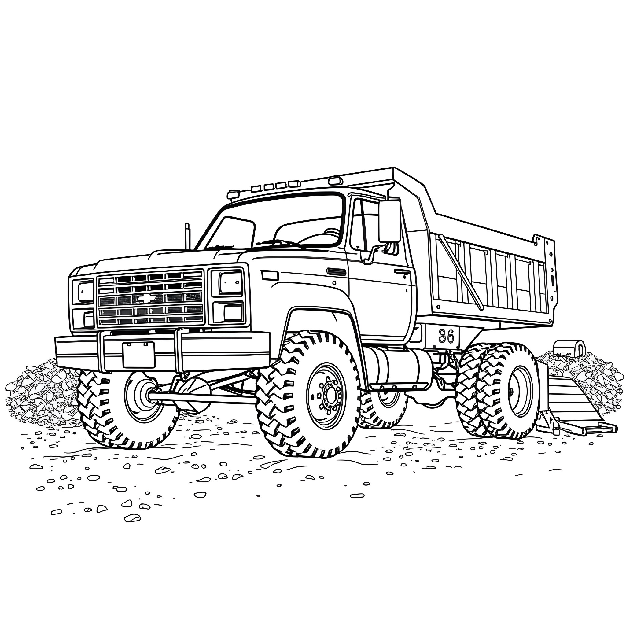 Chevy Dump Truck in Rugged Terrain Coloring Page (free black-and-white line drawing printable PDF for all, from beginners to advanced learners, including children, teens, adults, and seniors)