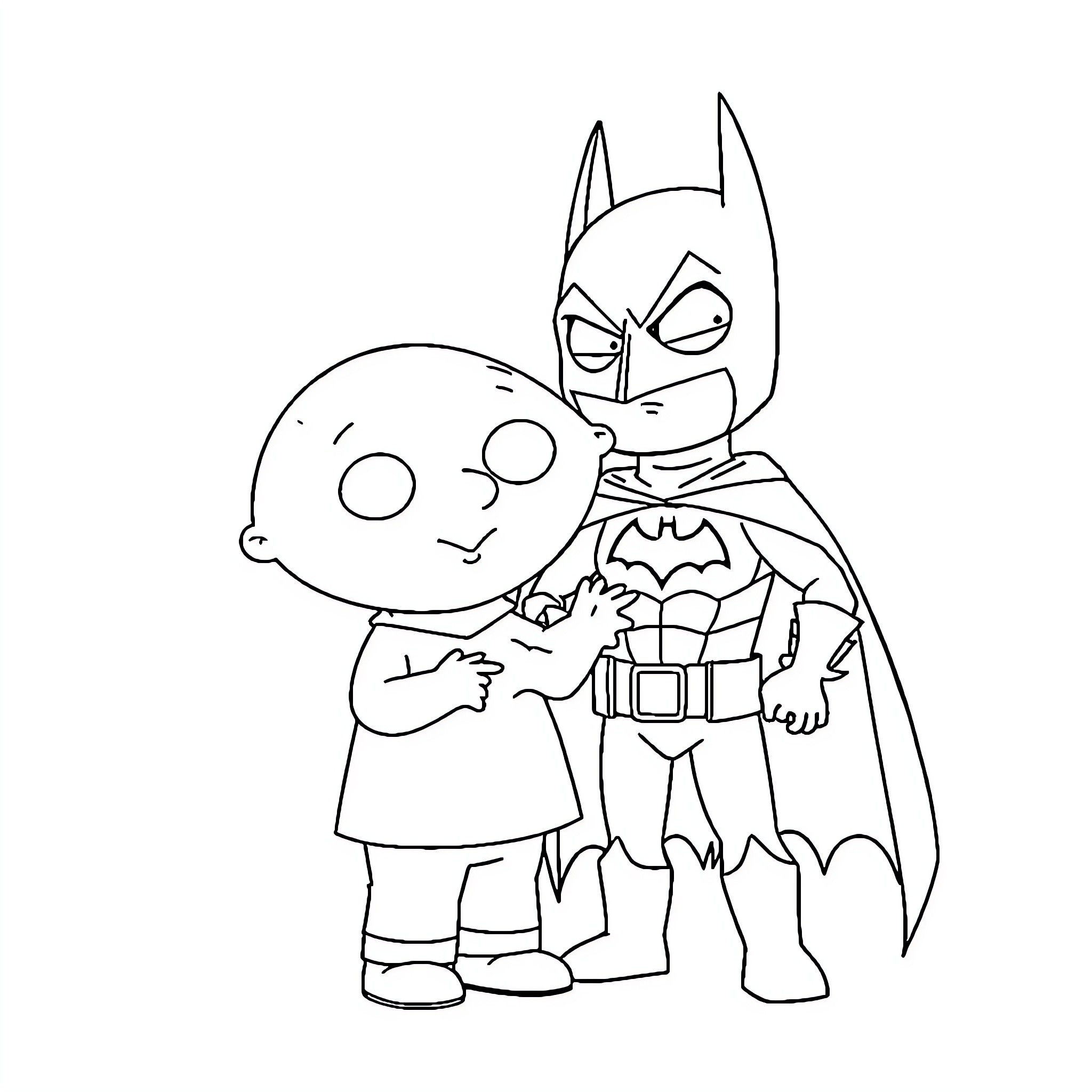 Stewie Griffin and Batman-like character in a playful pose Coloring Page (free black-and-white line drawing printable PDF for all, from beginners to advanced learners, including children, teens, adults, and seniors)