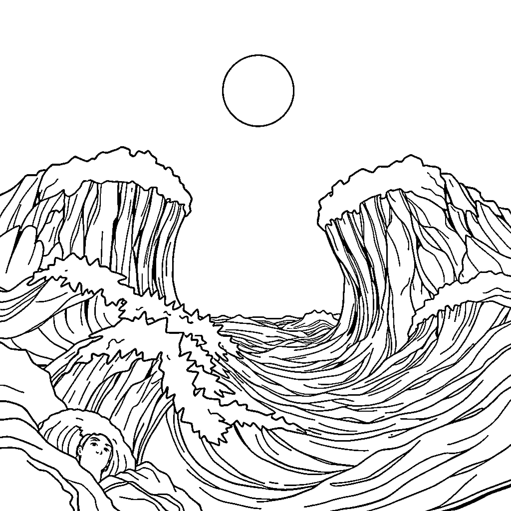 Yahuah's Majestic Waves and Celestial Splendor Coloring Page (free black-and-white line drawing printable PDF for all, from beginners to advanced learners, including children, teens, adults, and seniors)