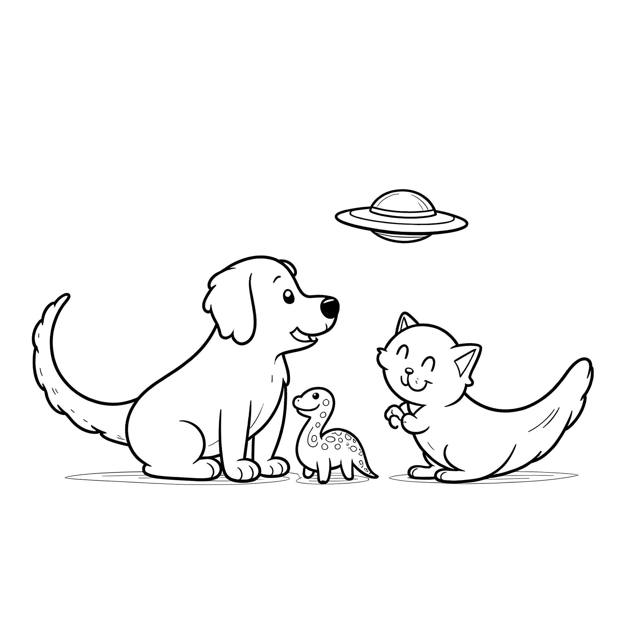 Dog, cat, and dinosaur playing under UFO Coloring Page (free black-and-white line drawing printable PDF for all, from beginners to advanced learners, including children, teens, adults, and seniors)