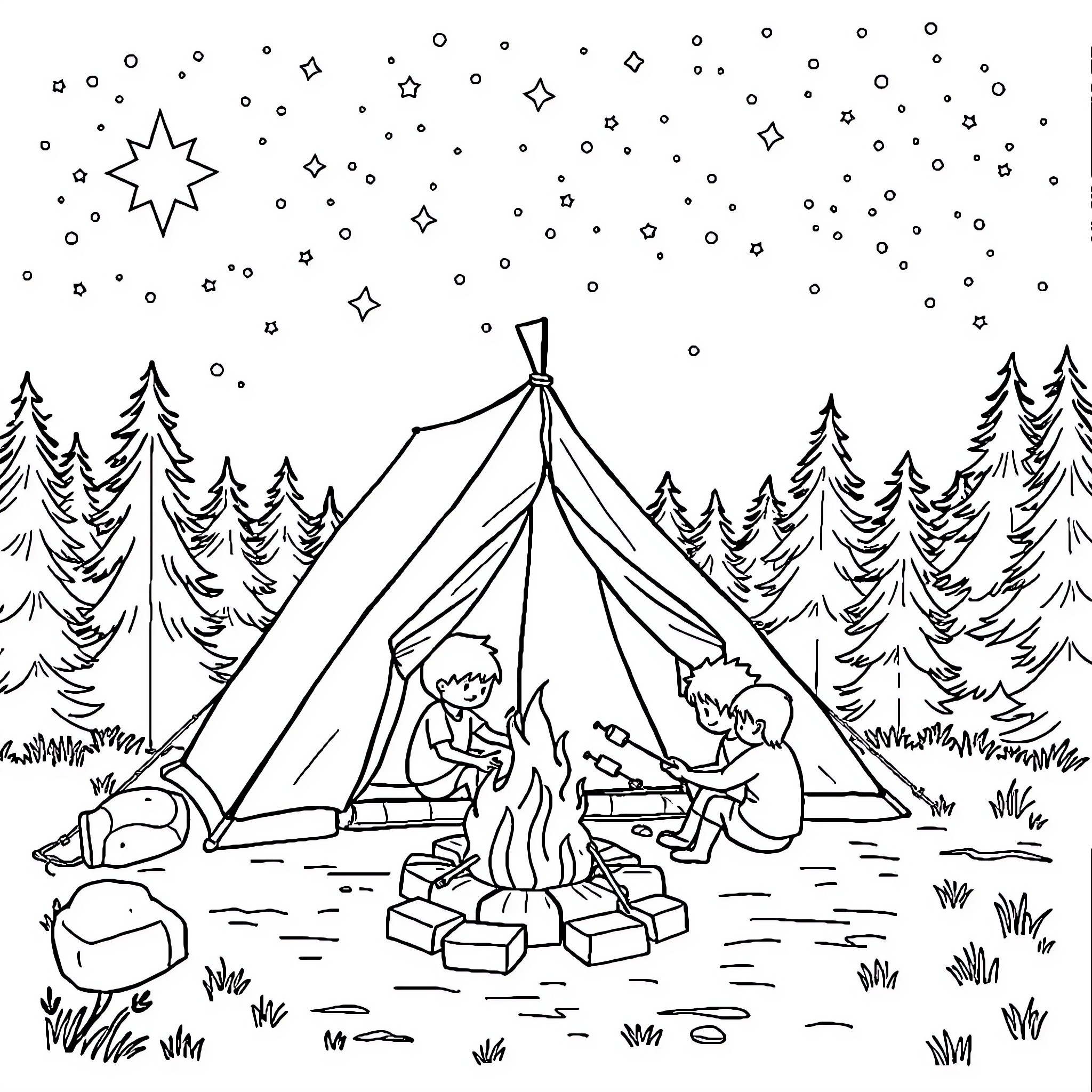 Tent camping under the stars in the forest Coloring Page (free black-and-white line drawing printable PDF for all, from beginners to advanced learners, including children, teens, adults, and seniors)