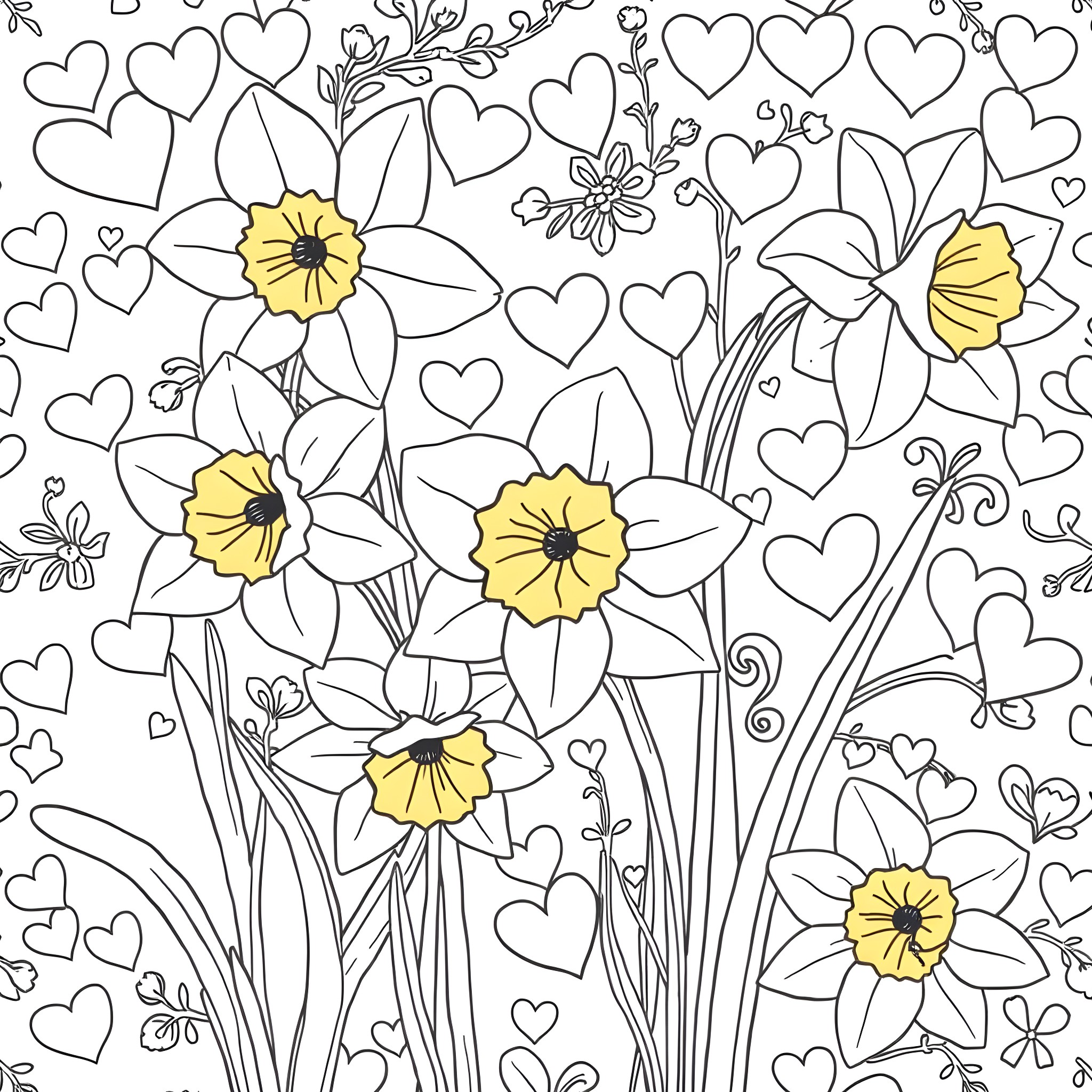 Daffodil flowers blooming with hearts in the background Coloring Page (free black-and-white line drawing printable PDF for all, from beginners to advanced learners, including children, teens, adults, and seniors)