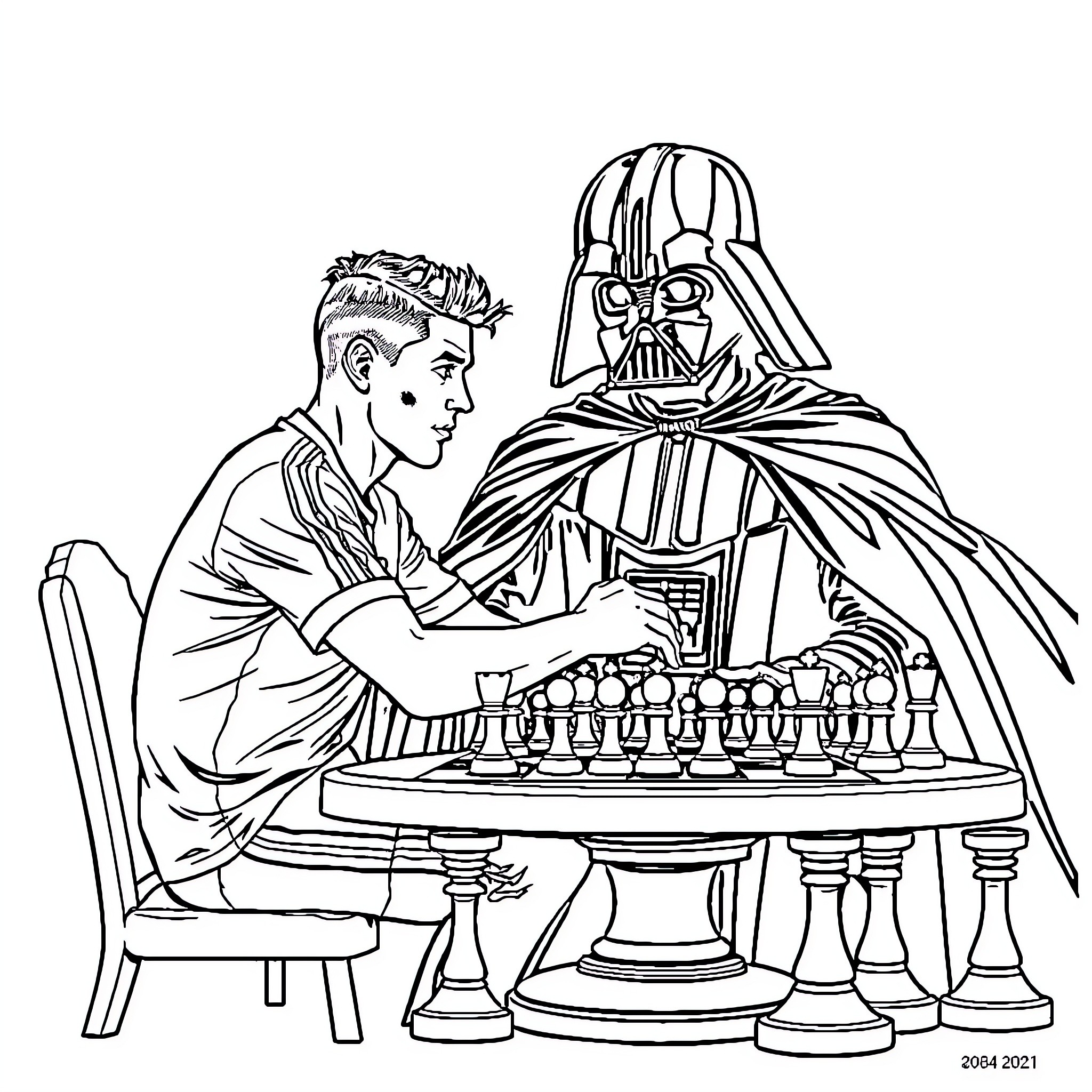Cristiano Ronaldo Playing Chess with Darth Vader Coloring Page (free black-and-white line drawing printable PDF for all, from beginners to advanced learners, including children, teens, adults, and seniors)