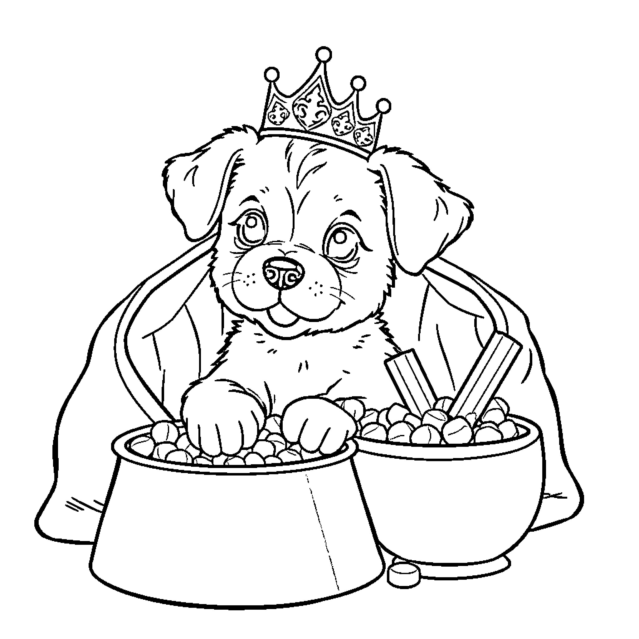 Puppy wearing a crown and eating treats Coloring Page (free black-and-white line drawing printable PDF for all, from beginners to advanced learners, including children, teens, adults, and seniors)