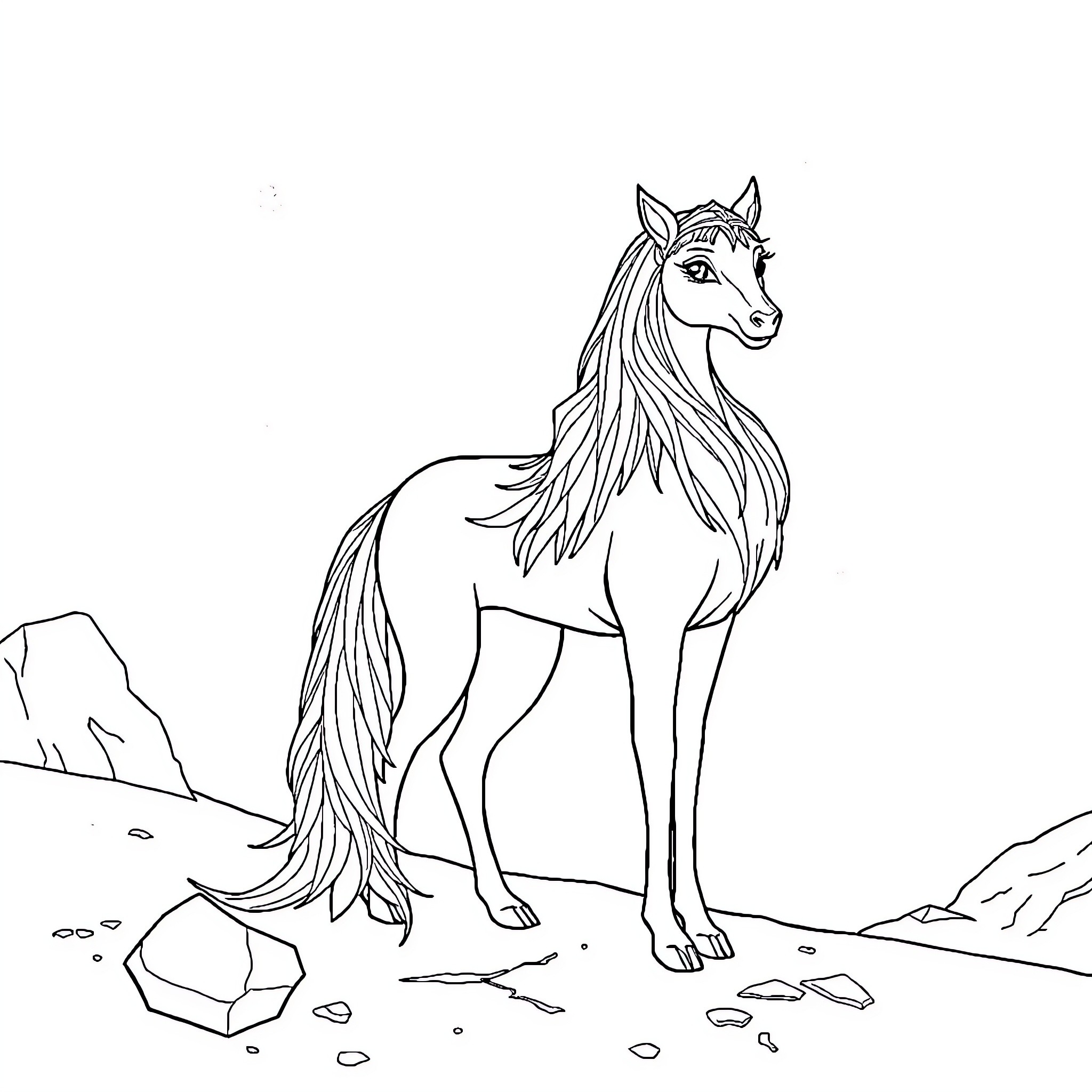 Snow Queen's Magnificent Equine Companion Coloring Page (free black-and-white line drawing printable PDF for all, from beginners to advanced learners, including children, teens, adults, and seniors)