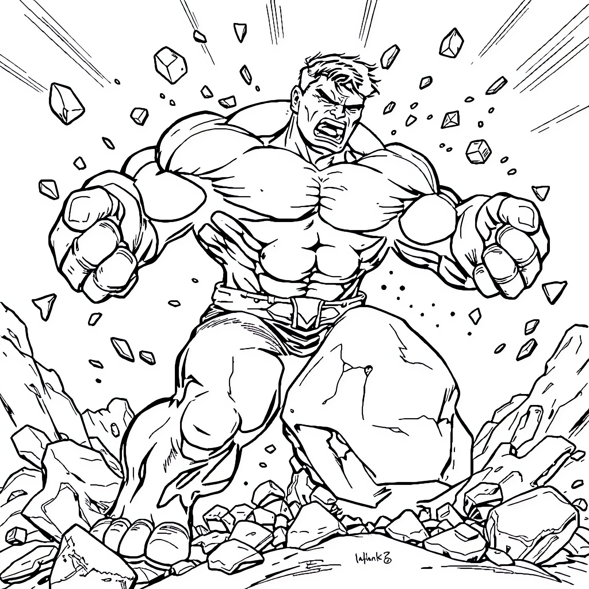 Hulk smashing through the rocks with power Coloring Page (free black-and-white line drawing printable PDF for all, from beginners to advanced learners, including children, teens, adults, and seniors)