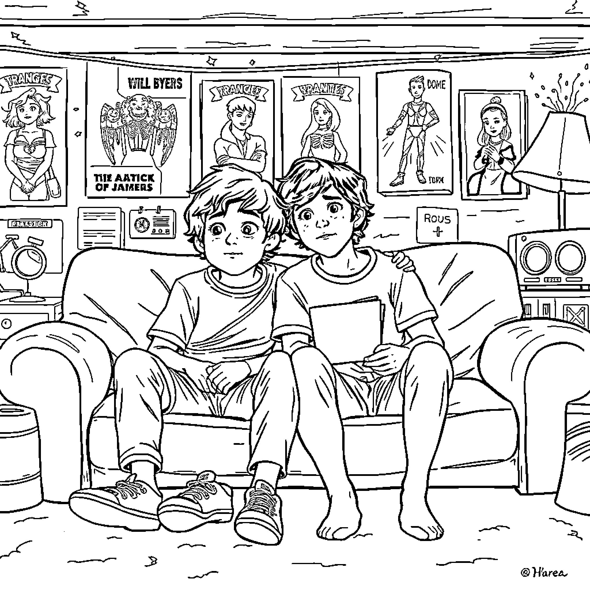 Will Byers enjoys classic entertainment in the living room Coloring Page (free black-and-white line drawing printable PDF for all, from beginners to advanced learners, including children, teens, adults, and seniors)