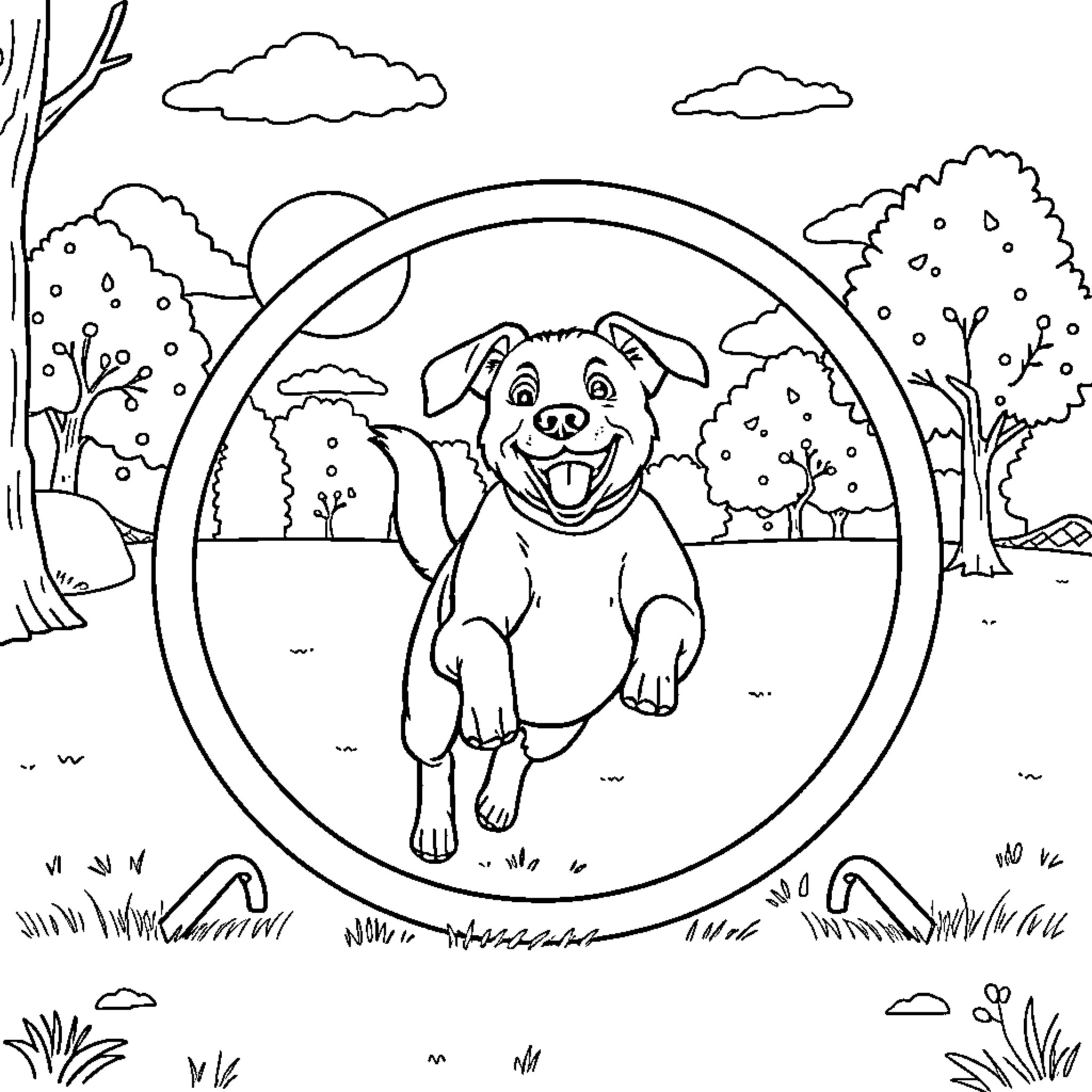 Dog Joyfully Running in Outdoor Landscape Coloring Page (free black-and-white line drawing printable PDF for all, from beginners to advanced learners, including children, teens, adults, and seniors)