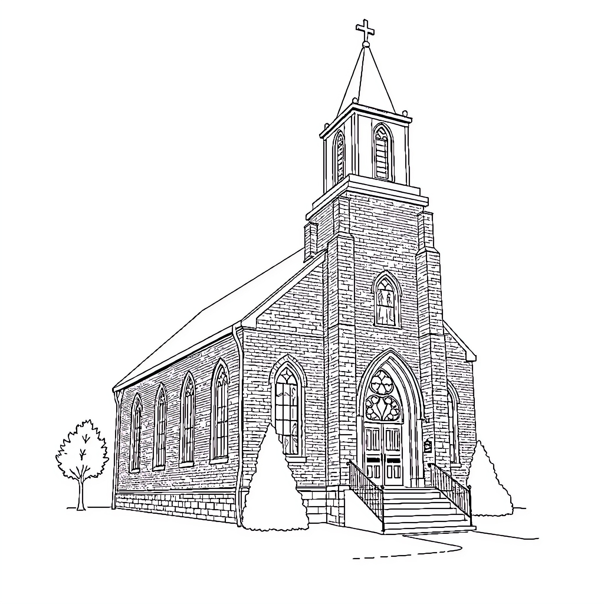 Church with Gothic Architecture and Bell Tower Coloring Page (free black-and-white line drawing printable PDF for all, from beginners to advanced learners, including children, teens, adults, and seniors)