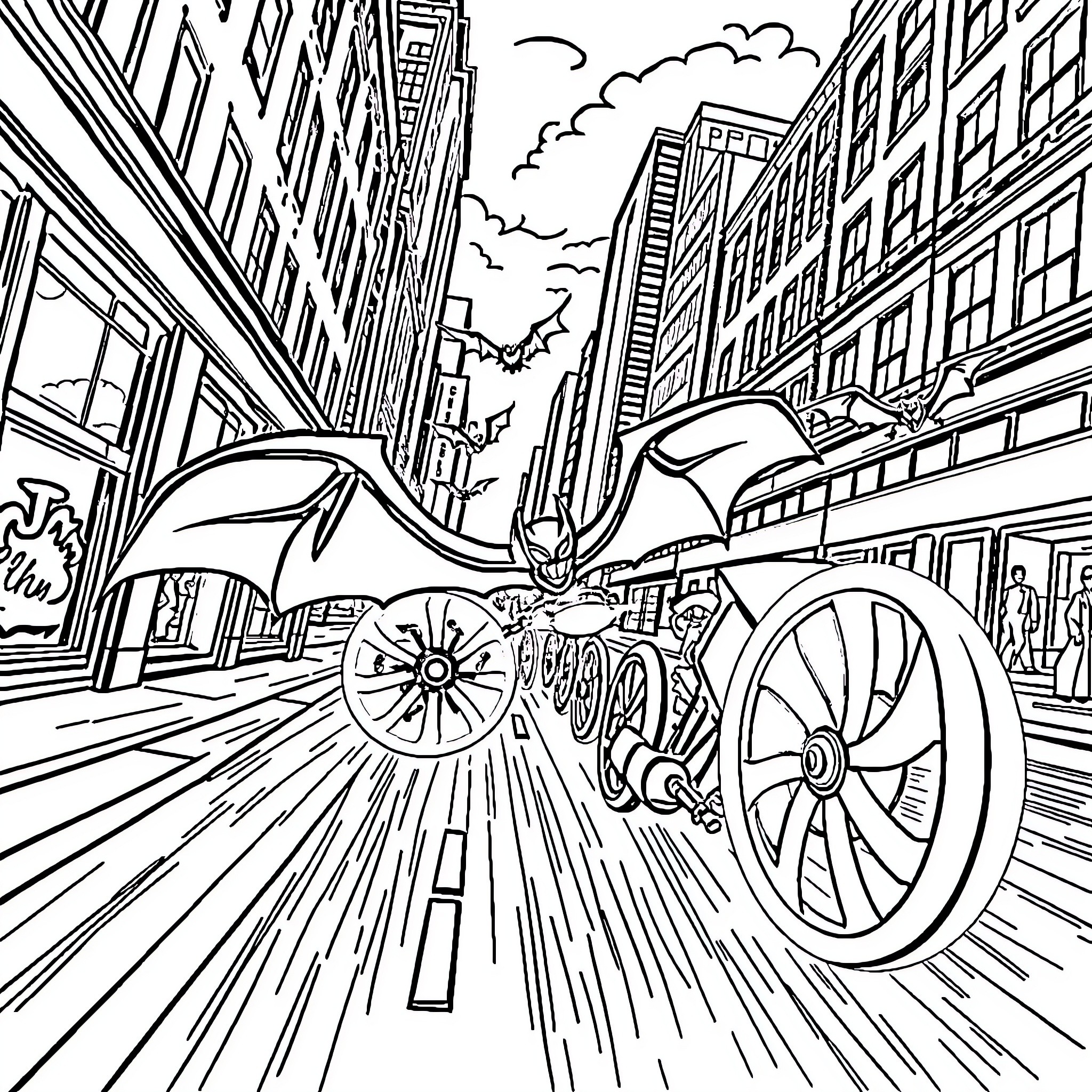 Batwheels speeding through the city streets Coloring Page (free black-and-white line drawing printable PDF for all, from beginners to advanced learners, including children, teens, adults, and seniors)
