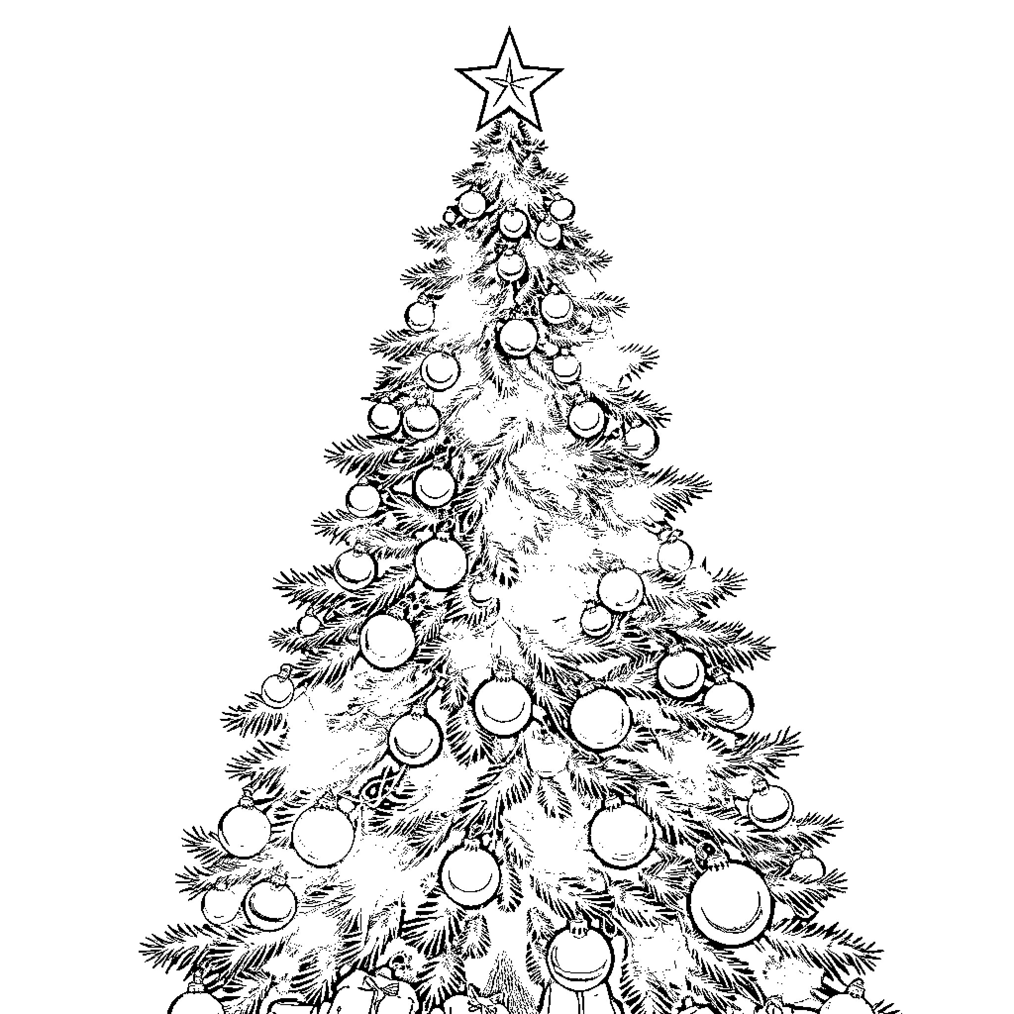 Christmas Tree Adorned with Ornaments and Star Coloring Page (free black-and-white line drawing printable PDF for all, from beginners to advanced learners, including children, teens, adults, and seniors)