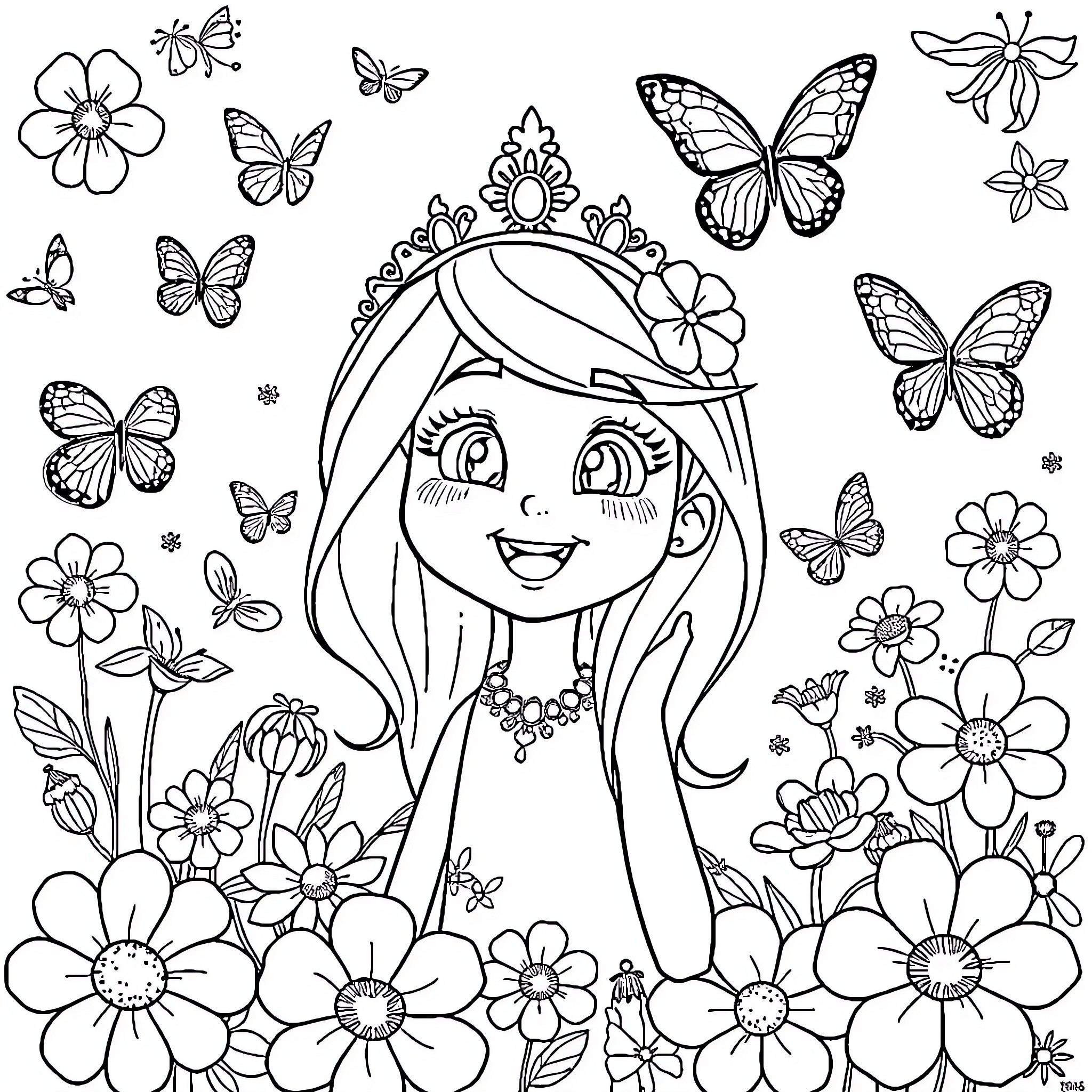 Vaïna's Whimsical Floral Wonderland Coloring Page (free black-and-white line drawing printable PDF for all, from beginners to advanced learners, including children, teens, adults, and seniors)