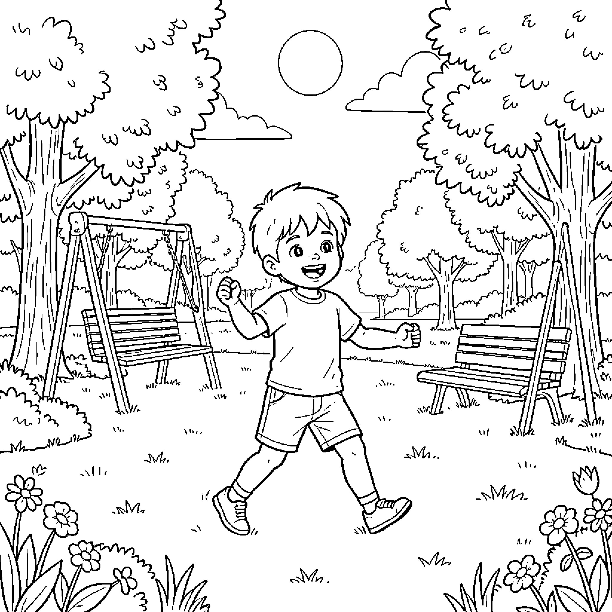 Kid walking joyfully through a sunny park Coloring Page (free black-and-white line drawing printable PDF for all, from beginners to advanced learners, including children, teens, adults, and seniors)
