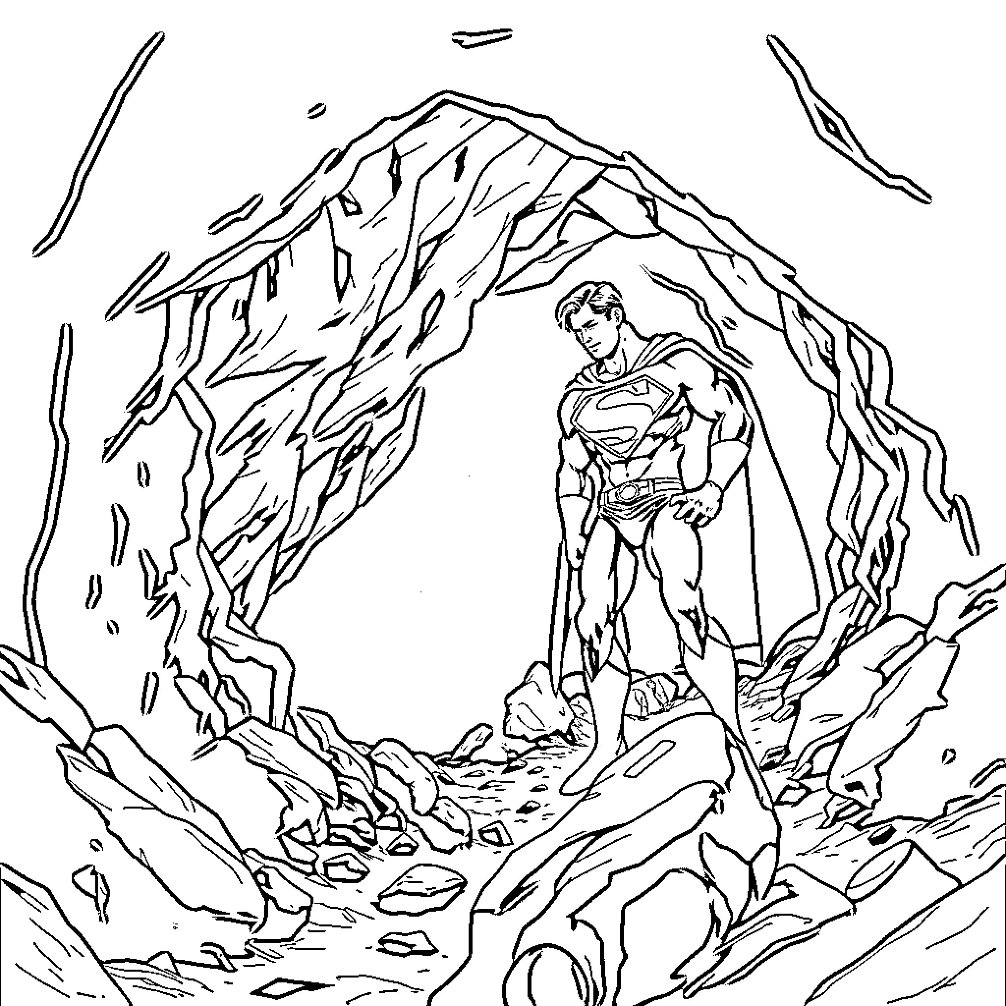 Superman standing heroically in a rocky landscape Coloring Page (free black-and-white line drawing printable PDF for all, from beginners to advanced learners, including children, teens, adults, and seniors)