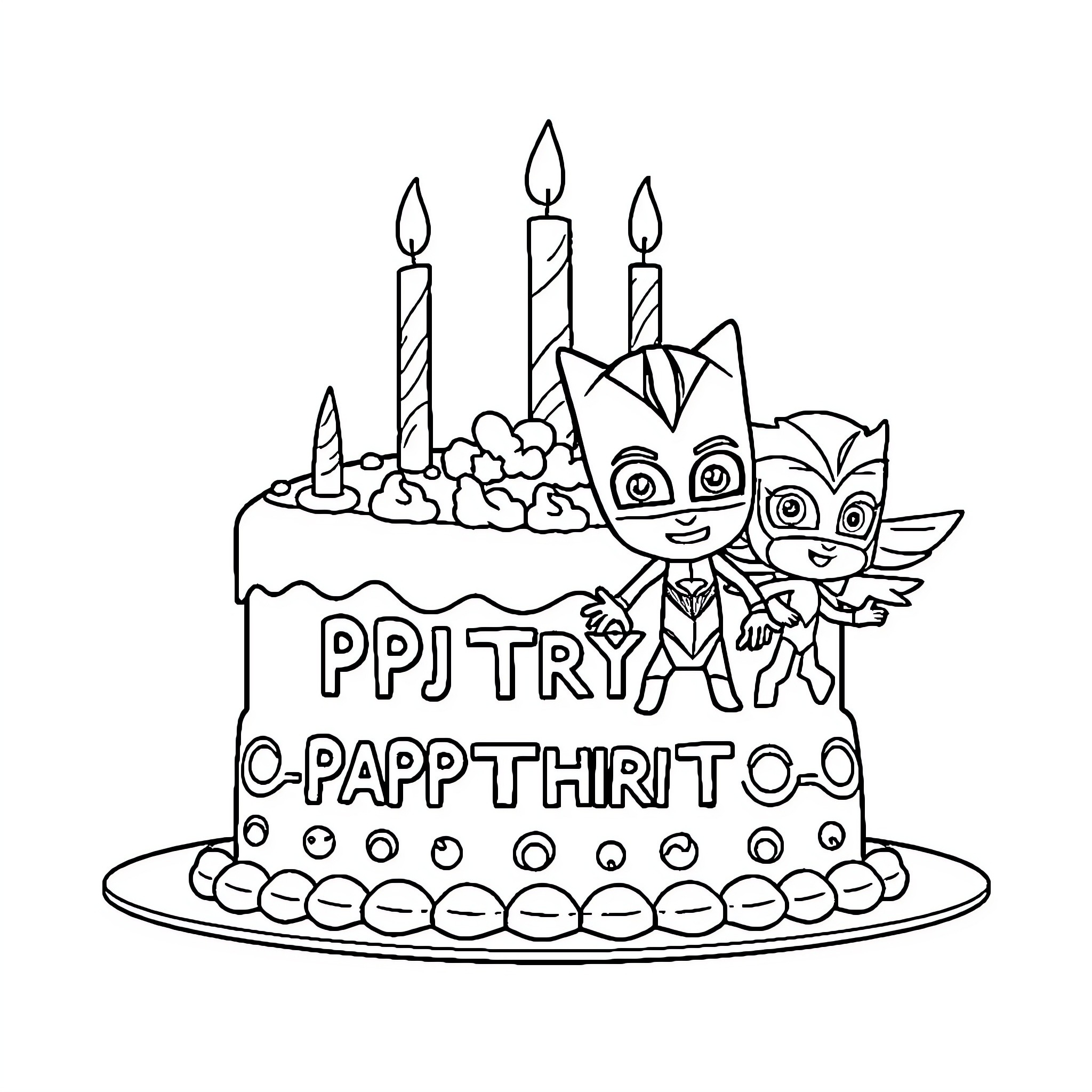 Pj Masks celebrating birthday with cake and candles Coloring Page (free black-and-white line drawing printable PDF for all, from beginners to advanced learners, including children, teens, adults, and seniors)