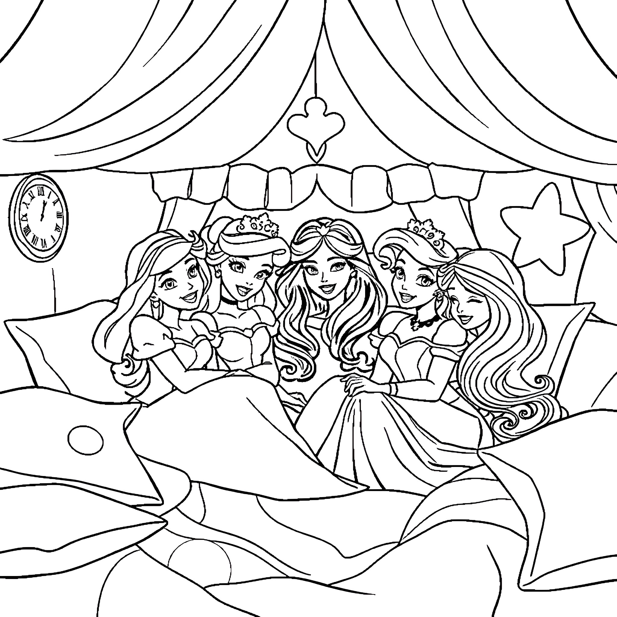 Disney Princesses Gathering for a Magical Celebration Coloring Page (free black-and-white line drawing printable PDF for all, from beginners to advanced learners, including children, teens, adults, and seniors)