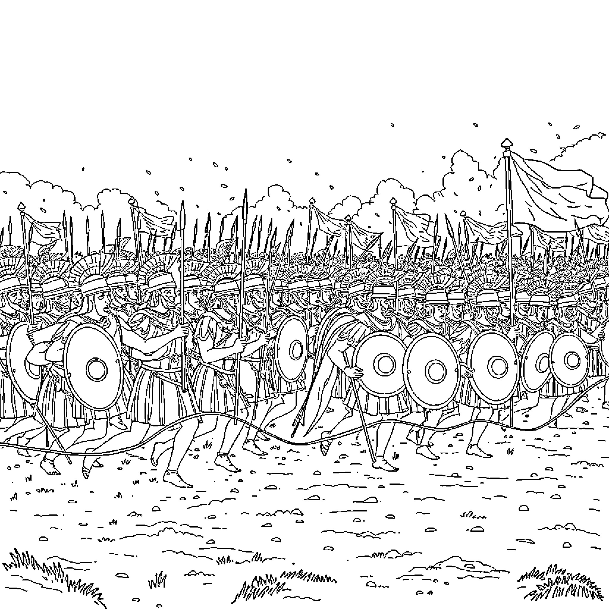 Battle of Mighty Armies in the Battlefield Coloring Page (free black-and-white line drawing printable PDF for all, from beginners to advanced learners, including children, teens, adults, and seniors)