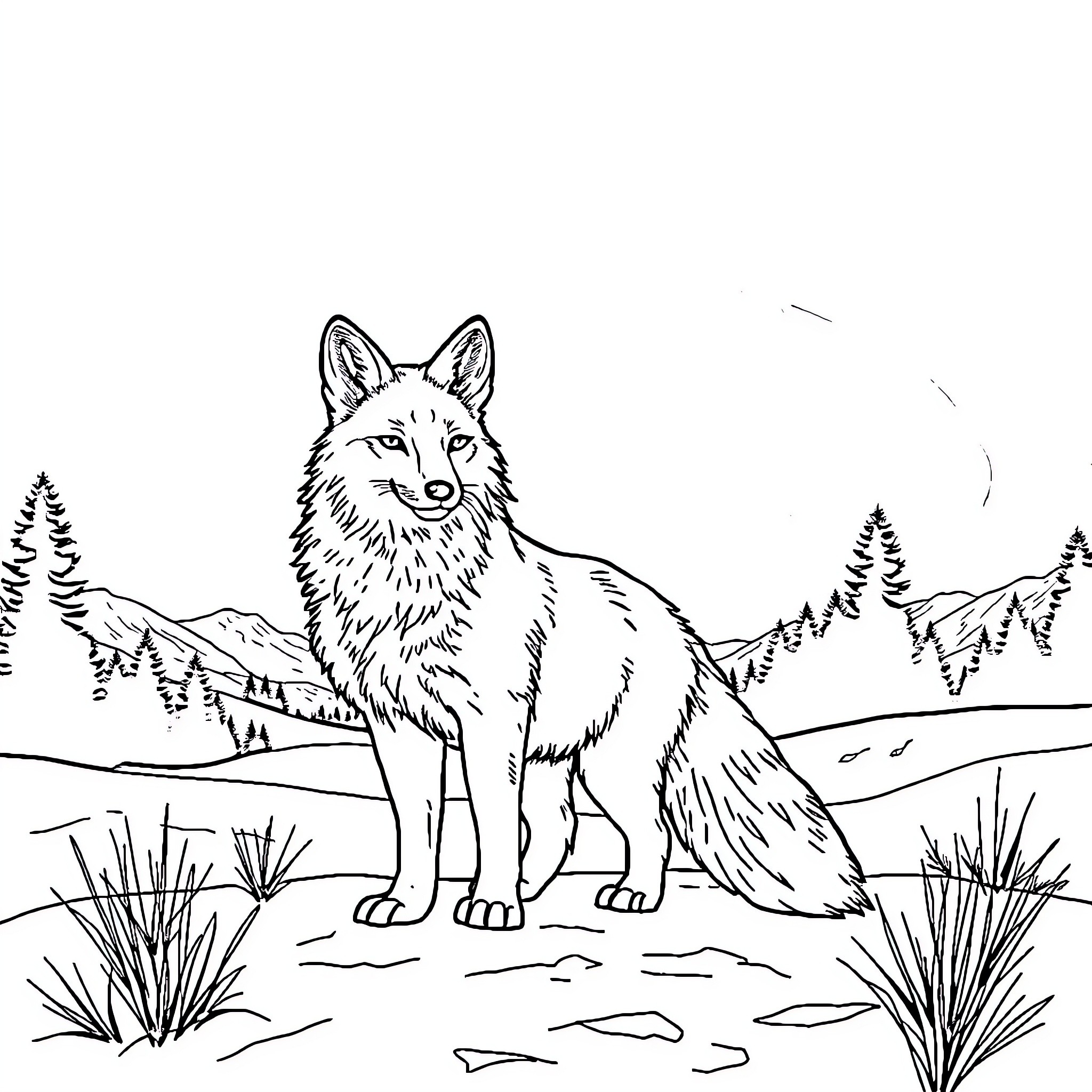 Arctic Fox Exploring the Snowy Wilderness Coloring Page (free black-and-white line drawing printable PDF for all, from beginners to advanced learners, including children, teens, adults, and seniors)