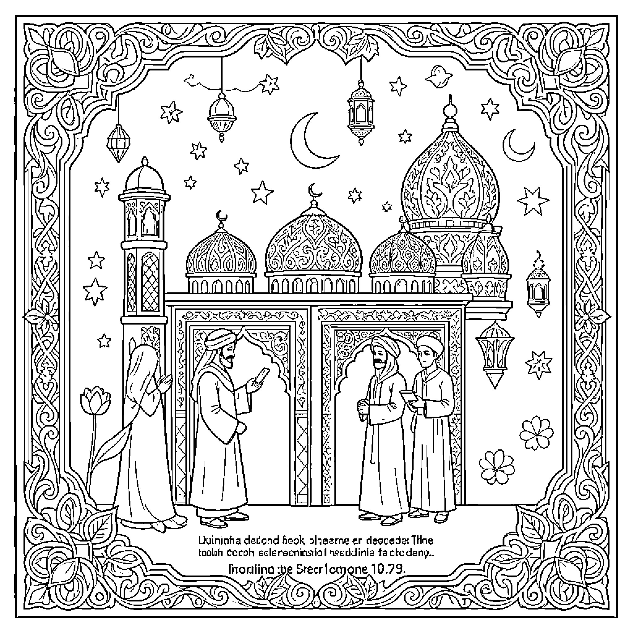 Muslim family praying together in front of a mosque Coloring Page (free black-and-white line drawing printable PDF for all, from beginners to advanced learners, including children, teens, adults, and seniors)