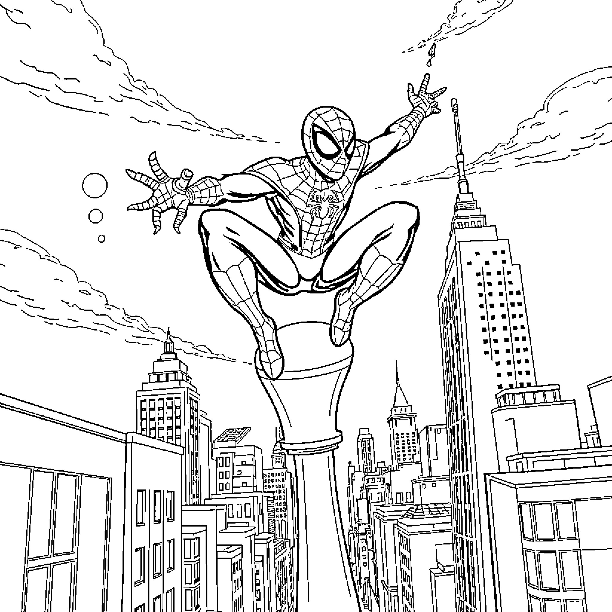 Spider-Man swinging through the city skyline Coloring Page (free black-and-white line drawing printable PDF for all, from beginners to advanced learners, including children, teens, adults, and seniors)