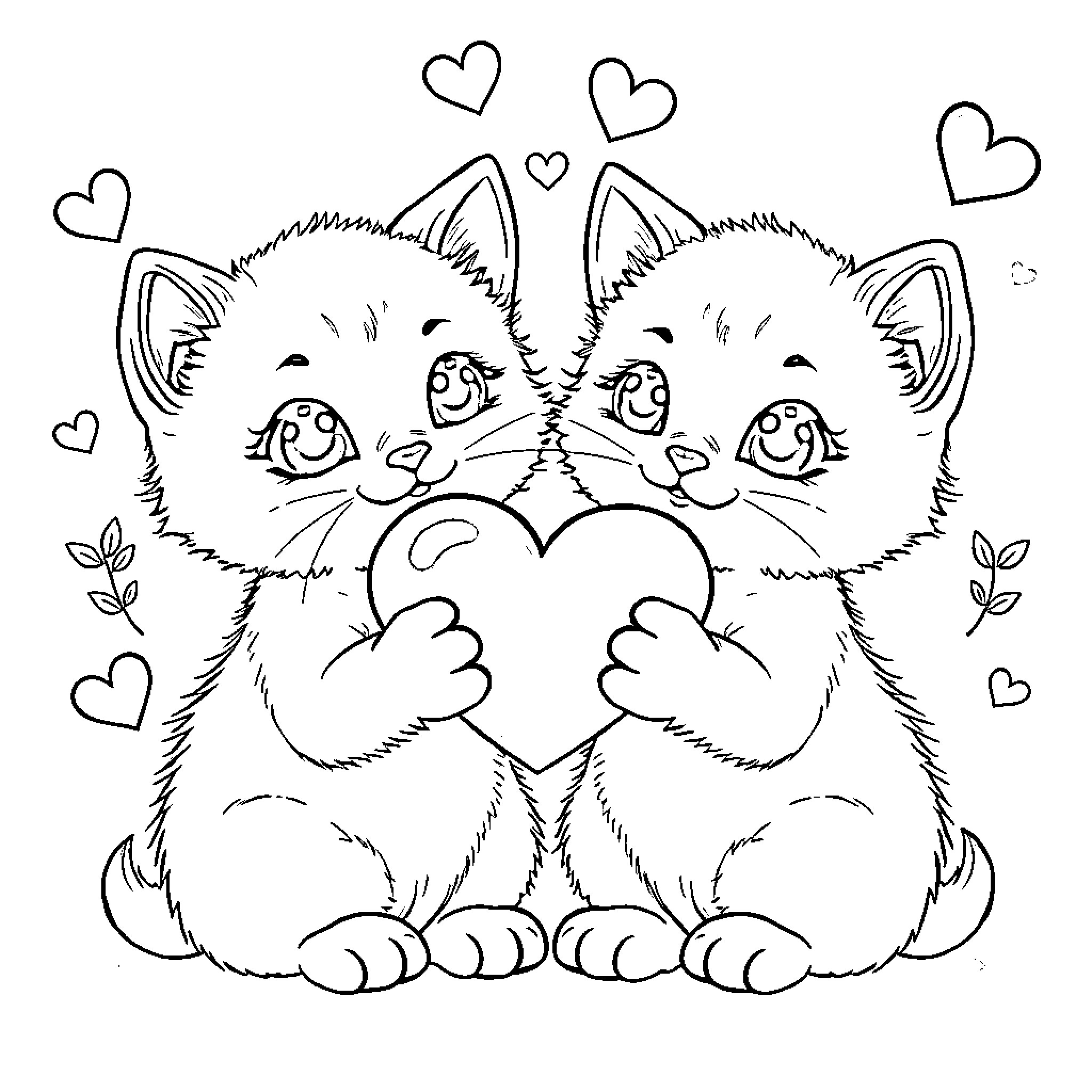 Kittens holding heart with hearts surrounding them Coloring Page (free black-and-white line drawing printable PDF for all, from beginners to advanced learners, including children, teens, adults, and seniors)