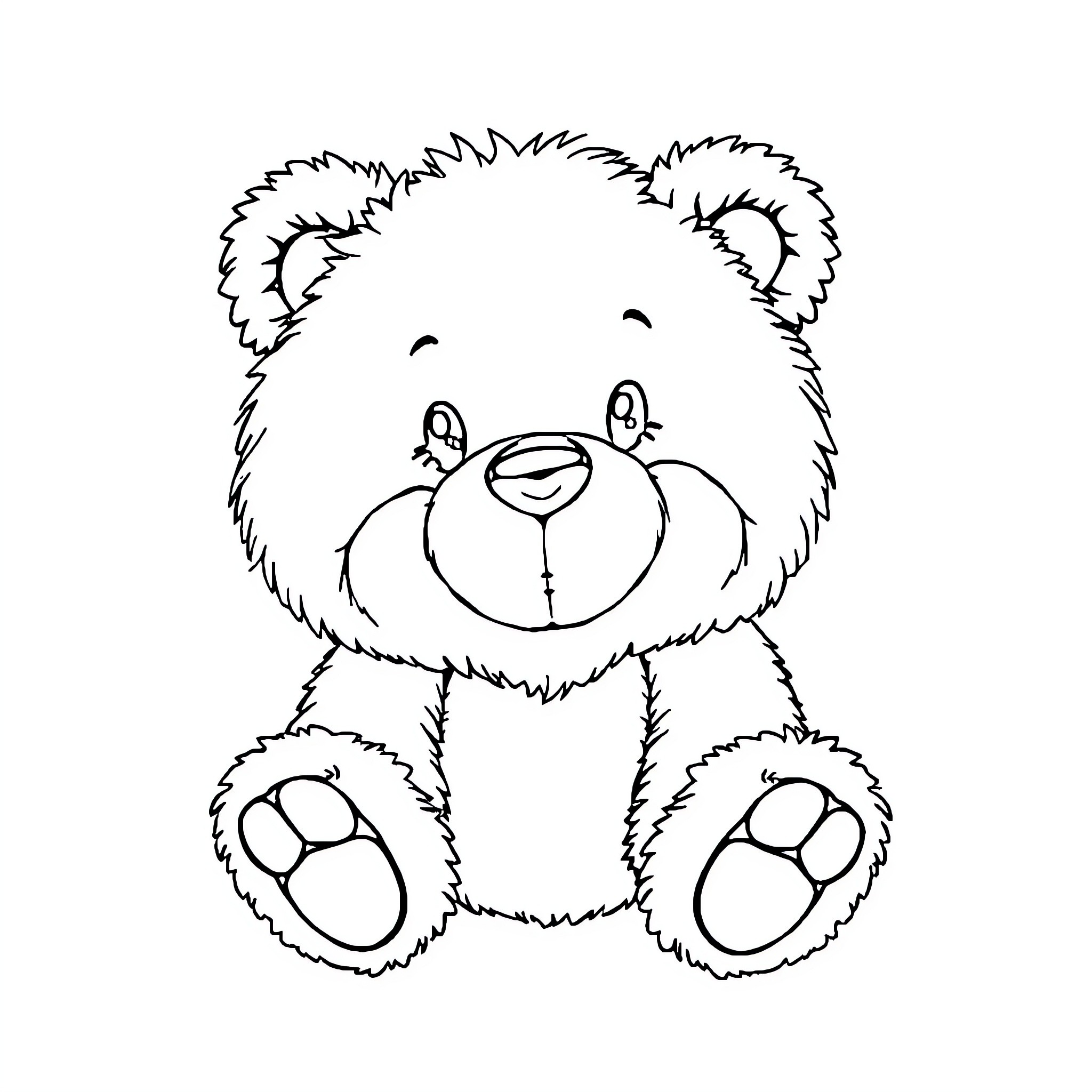 Teddy Bear sitting and smiling happily Coloring Page (free black-and-white line drawing printable PDF for all, from beginners to advanced learners, including children, teens, adults, and seniors)