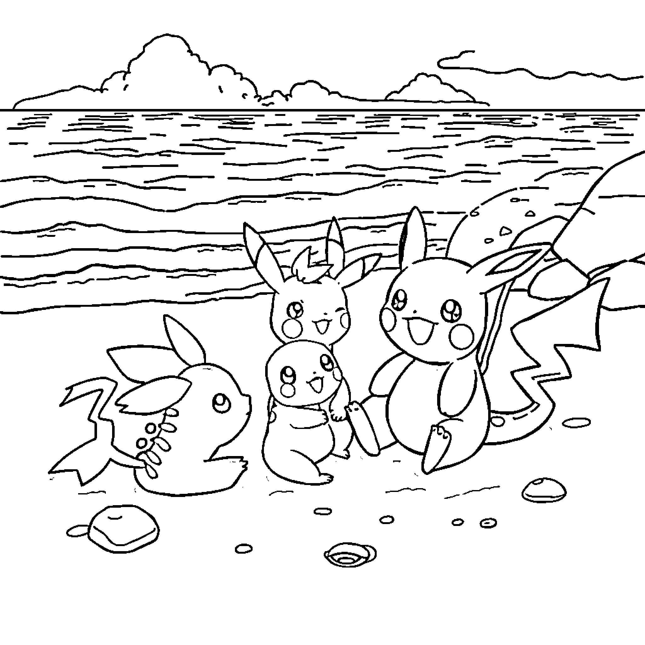 Pokémon enjoying a peaceful beach scene Coloring Page (free black-and-white line drawing printable PDF for all, from beginners to advanced learners, including children, teens, adults, and seniors)