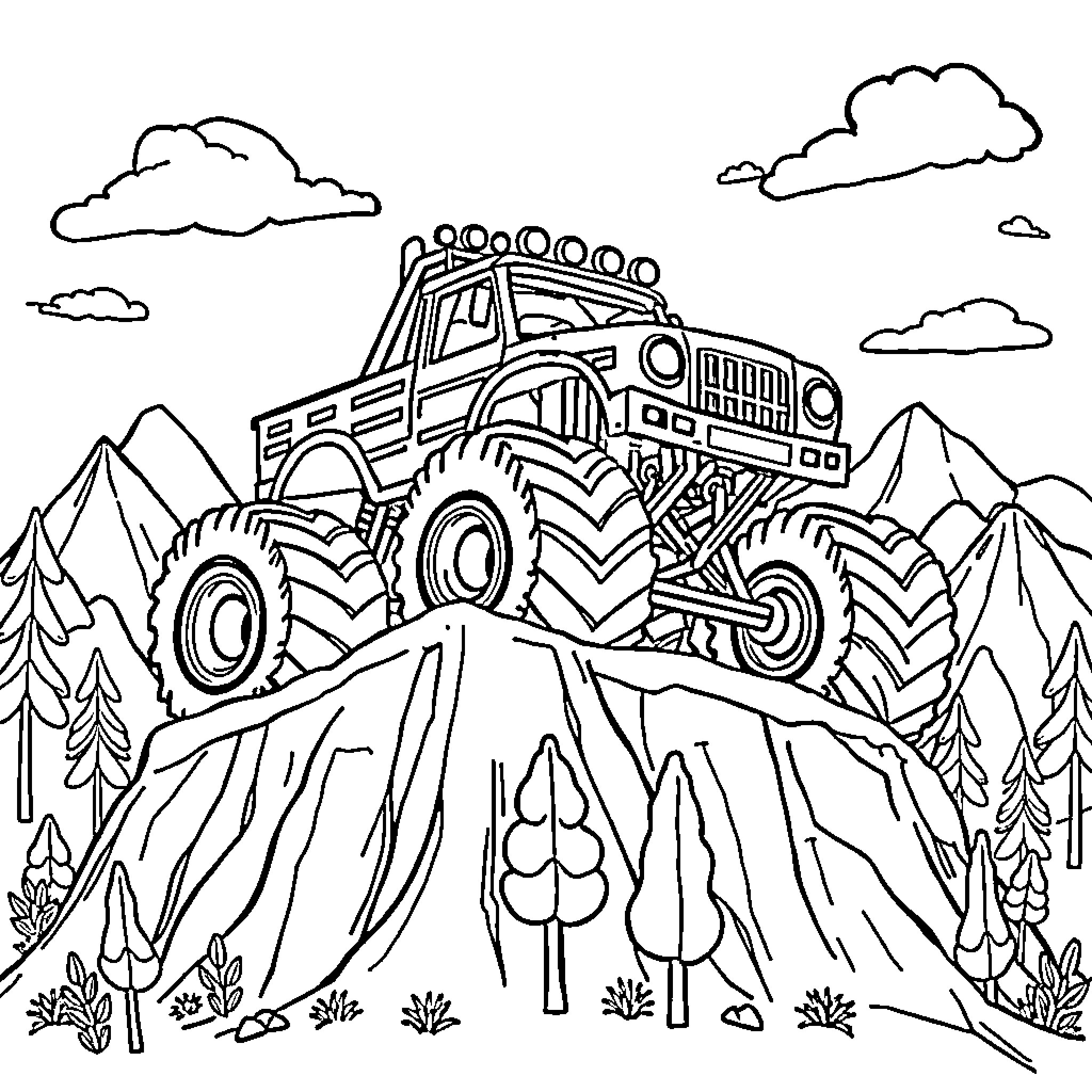 Monster Truck Conquering Rugged Terrain in Nature Coloring Page (free black-and-white line drawing printable PDF for all, from beginners to advanced learners, including children, teens, adults, and seniors)