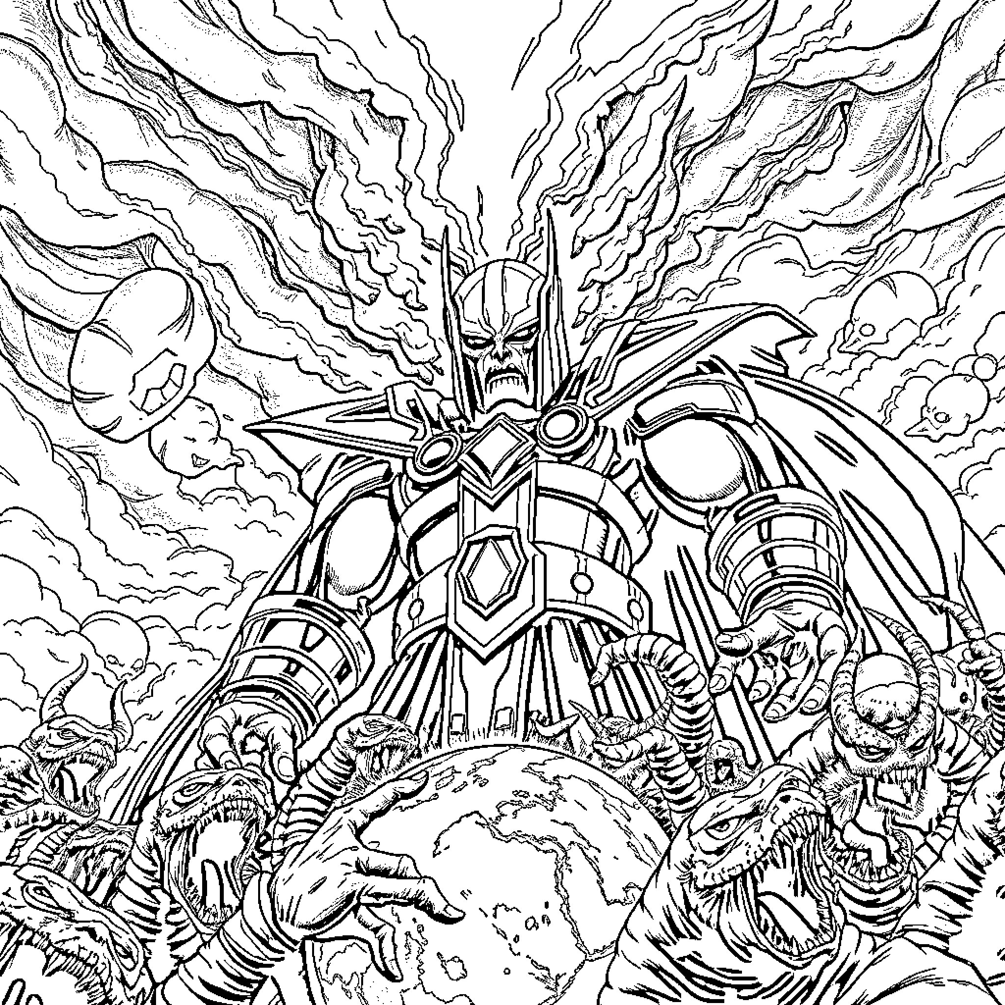 Darkseid's Destructive Rampage Across the Universe Coloring Page (free black-and-white line drawing printable PDF for all, from beginners to advanced learners, including children, teens, adults, and seniors)