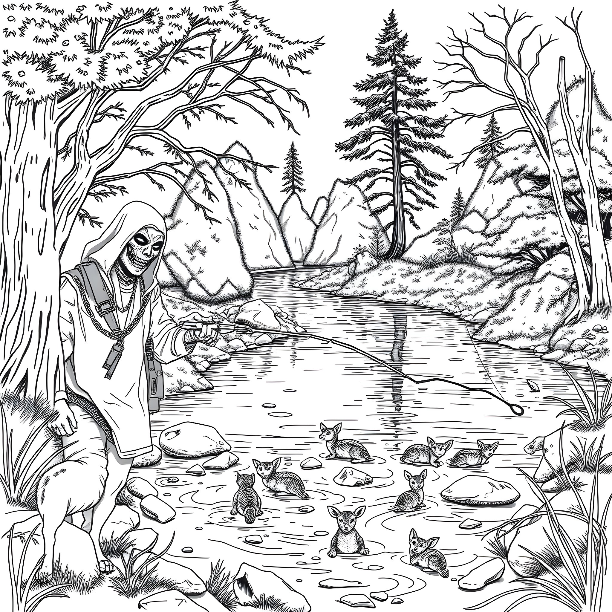 Slipknot: Mysterious Solitude in the Woodland Landscape Coloring Page (free black-and-white line drawing printable PDF for all, from beginners to advanced learners, including children, teens, adults, and seniors)