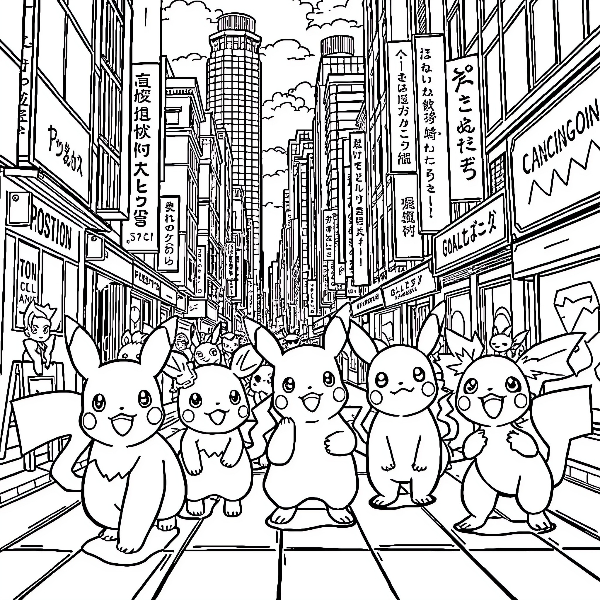 Pokémon characters exploring the bustling city streets Coloring Page (free black-and-white line drawing printable PDF for all, from beginners to advanced learners, including children, teens, adults, and seniors)